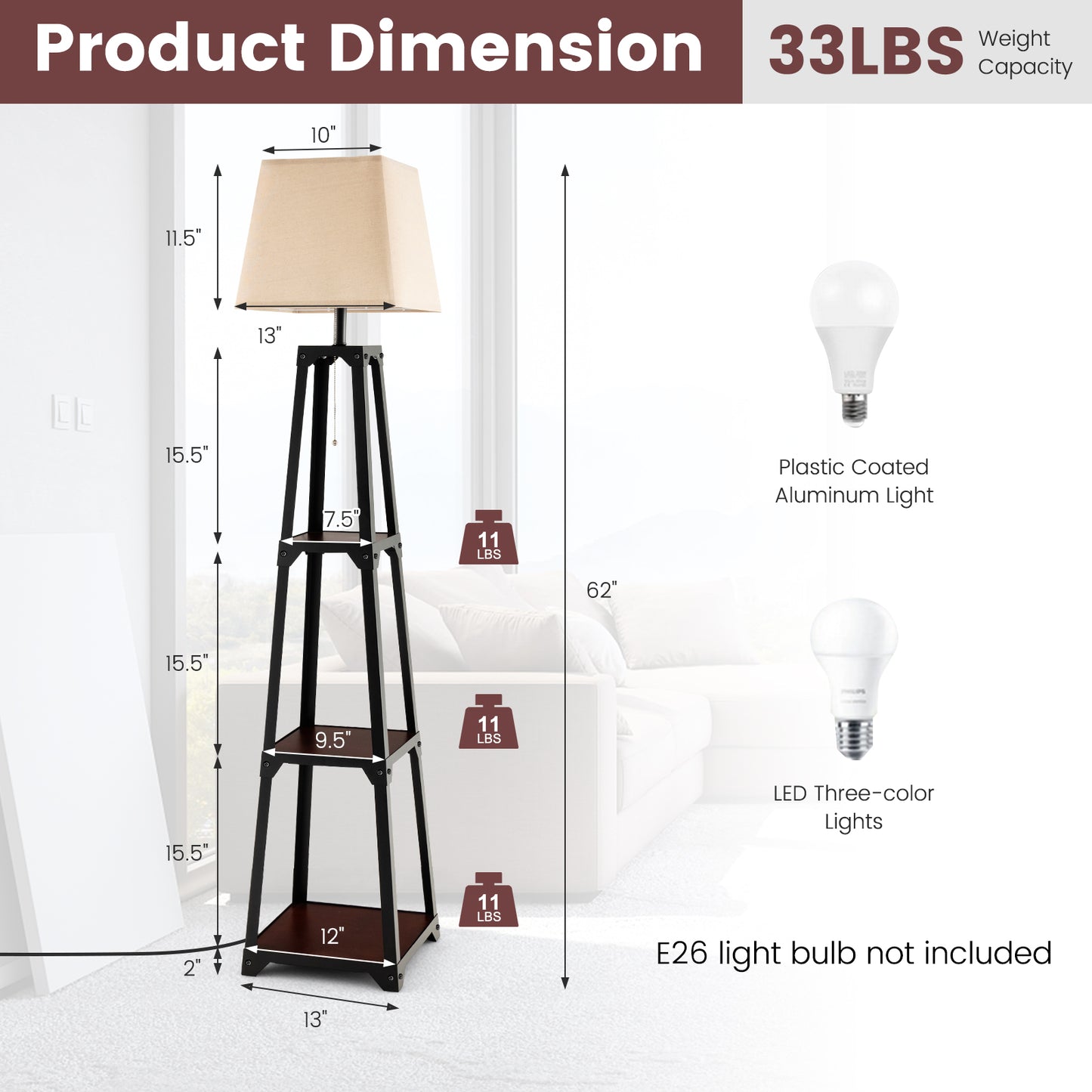 Trapezoidal Designed Floor Lamp with 3 Tiered Storage Shelf-Brown Kids Crystal