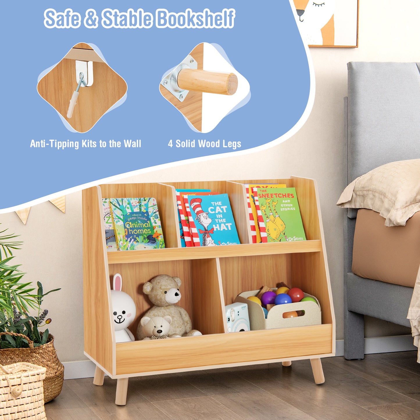 5-Cube Kids Bookshelf and Toy Organizer with Anti-Tipping Kits-Natural Kids Crystal