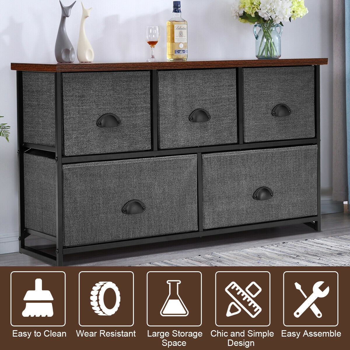 Wood Dresser Storage Unit Side Table Display Organizer-Gray Kids Crystal