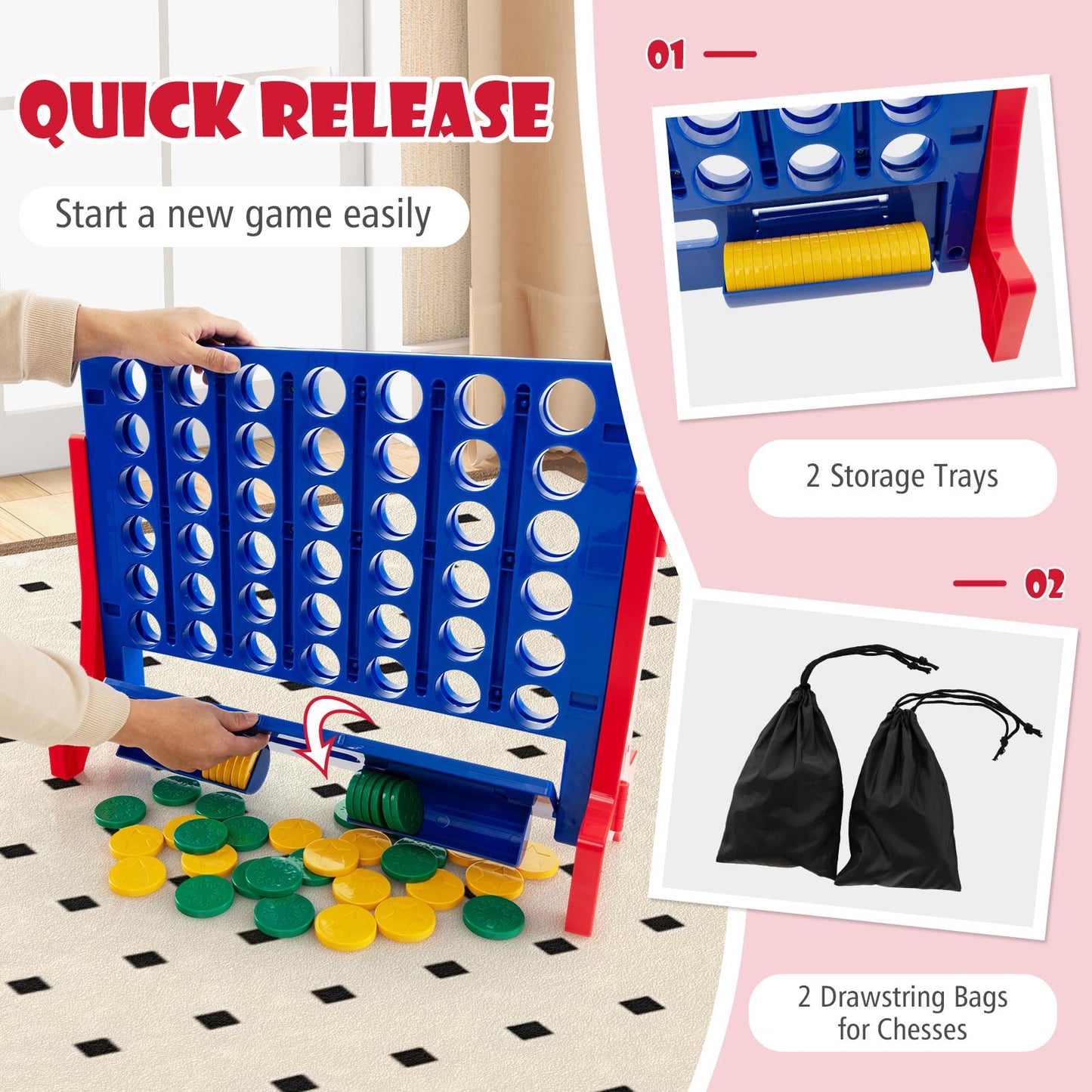 Jumbo 4-to-Score Connect Game Set with Carrying Bag and 42 Coins-Red Kids Crystal