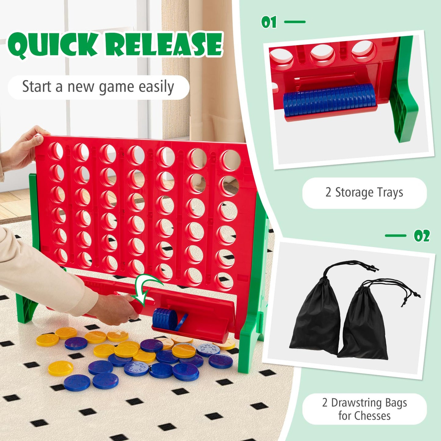 Jumbo 4-to-Score Connect Game Set with Carrying Bag and 42 Coins-Green Kids Crystal