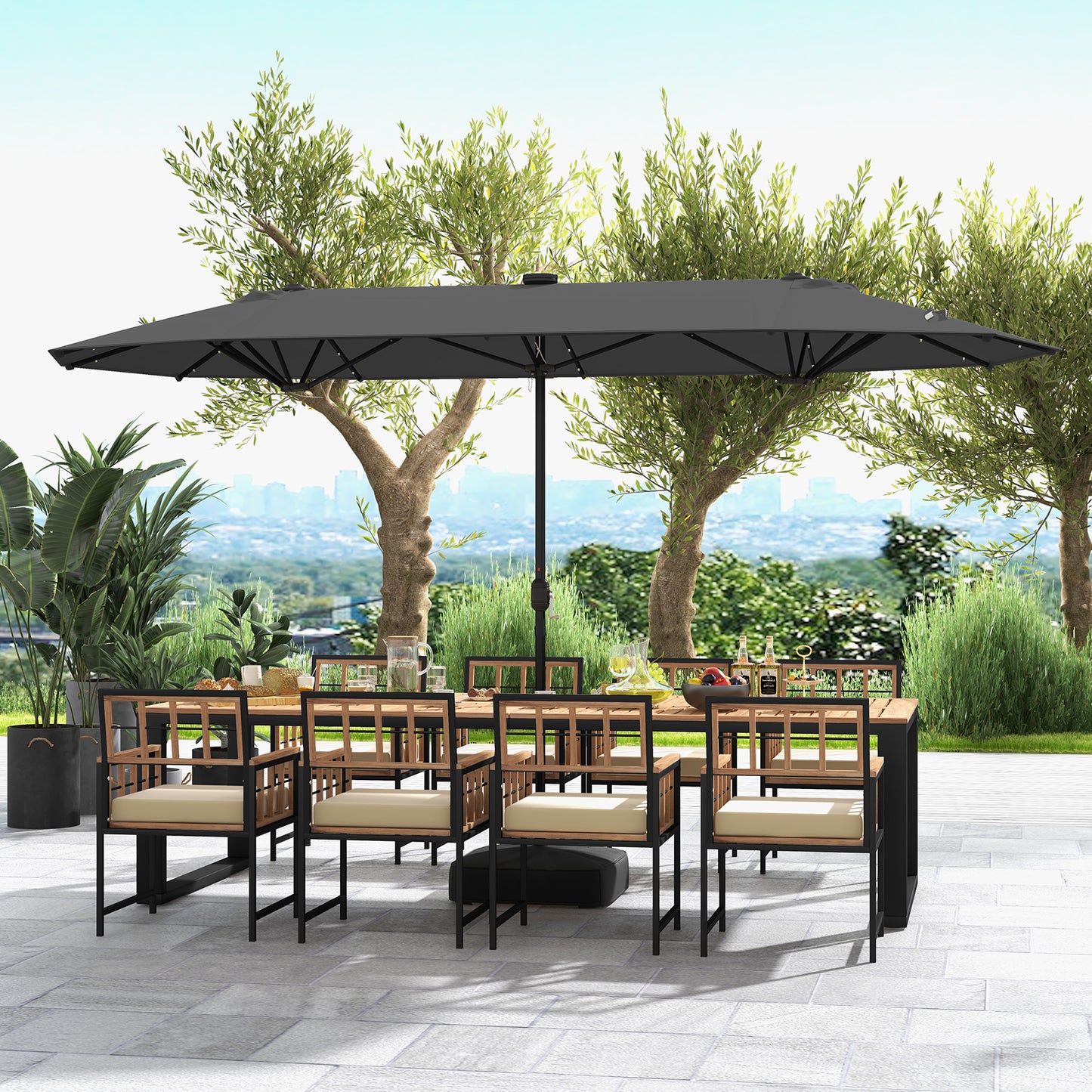 13FT Double-sided Patio Umbrella with Solar Lights for Garden Pool Backyard-Gray Kids Crystal