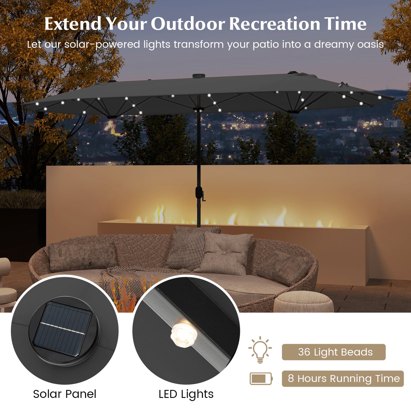 13FT Double-sided Patio Umbrella with Solar Lights for Garden Pool Backyard-Gray Kids Crystal
