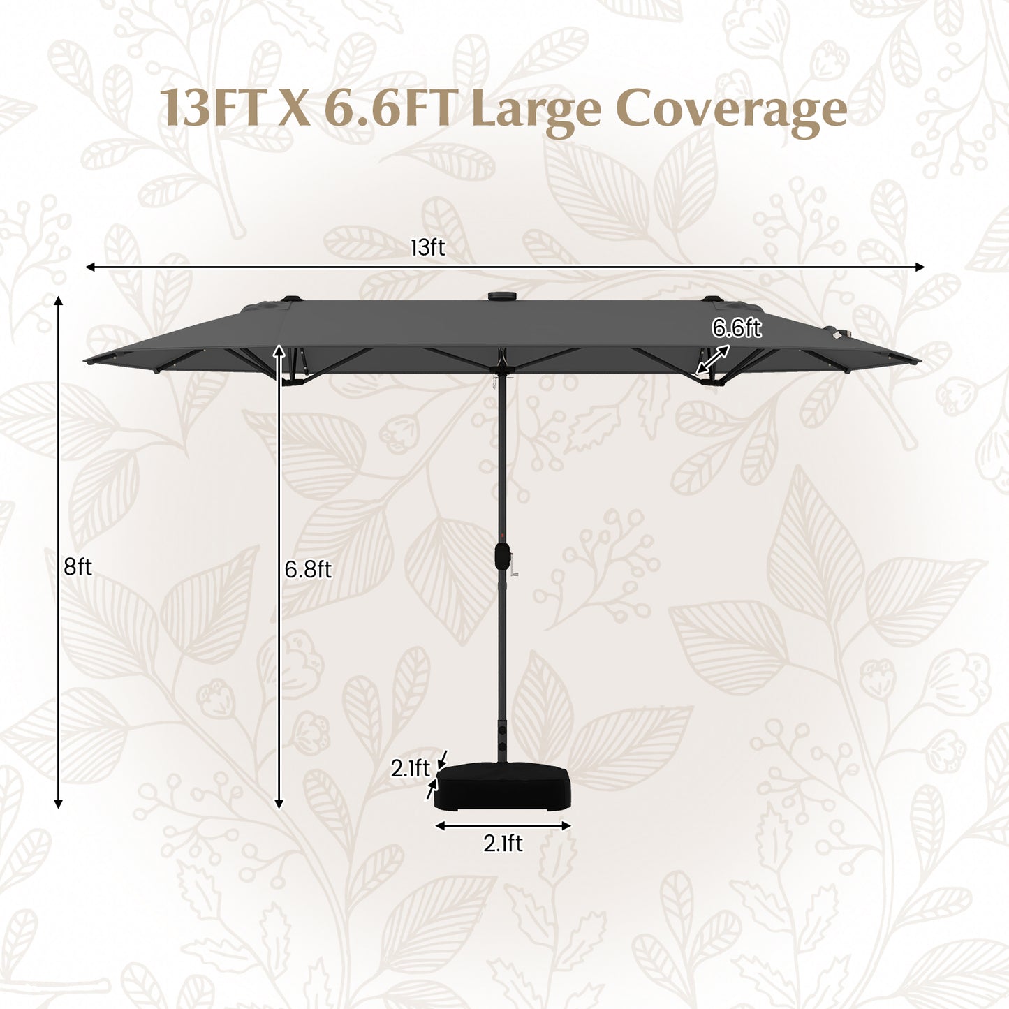 13FT Double-sided Patio Umbrella with Solar Lights for Garden Pool Backyard-Gray Kids Crystal