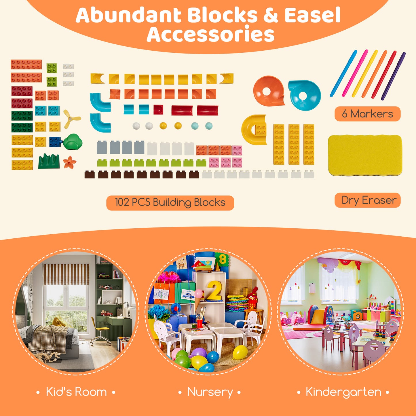 6-In-1 Folding Kids Art Easel with Reversible Building Block Tabletop Kids Crystal