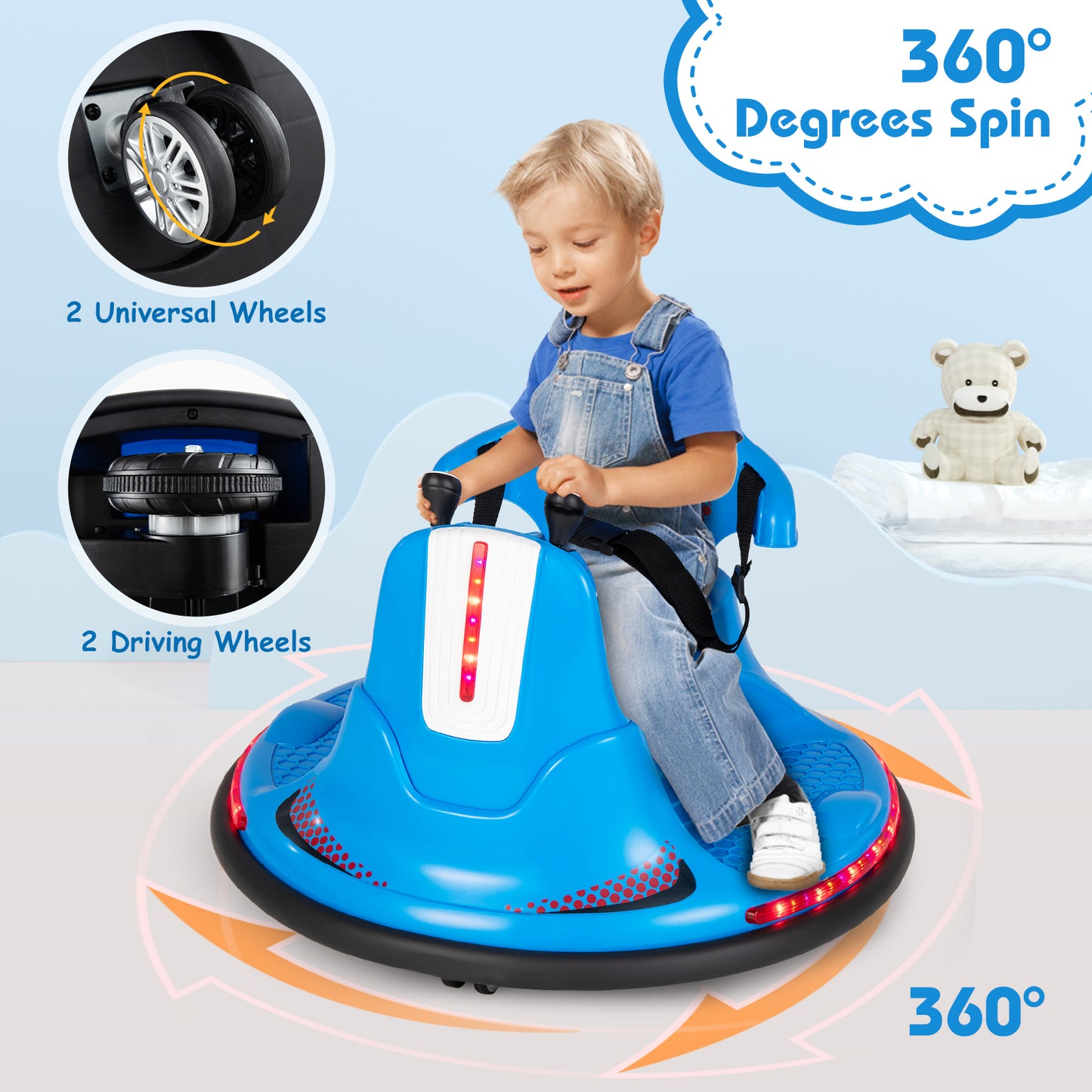 12V Kids Ride On Bumper Car with Remote Control Lights and Music-Blue Kids Crystal
