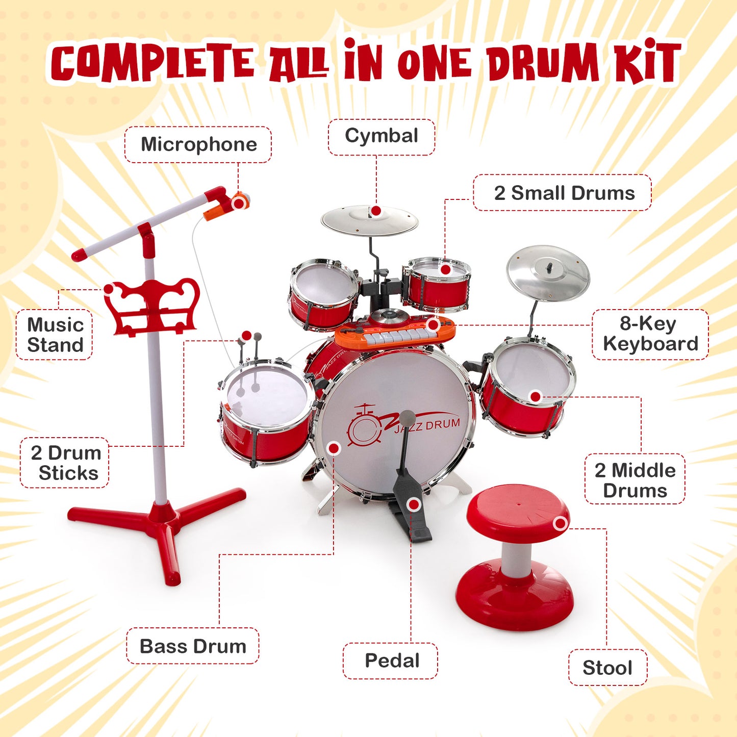Kids Jazz Drum Keyboard Set with Stool and Microphone Stand-Red Kids Crystal