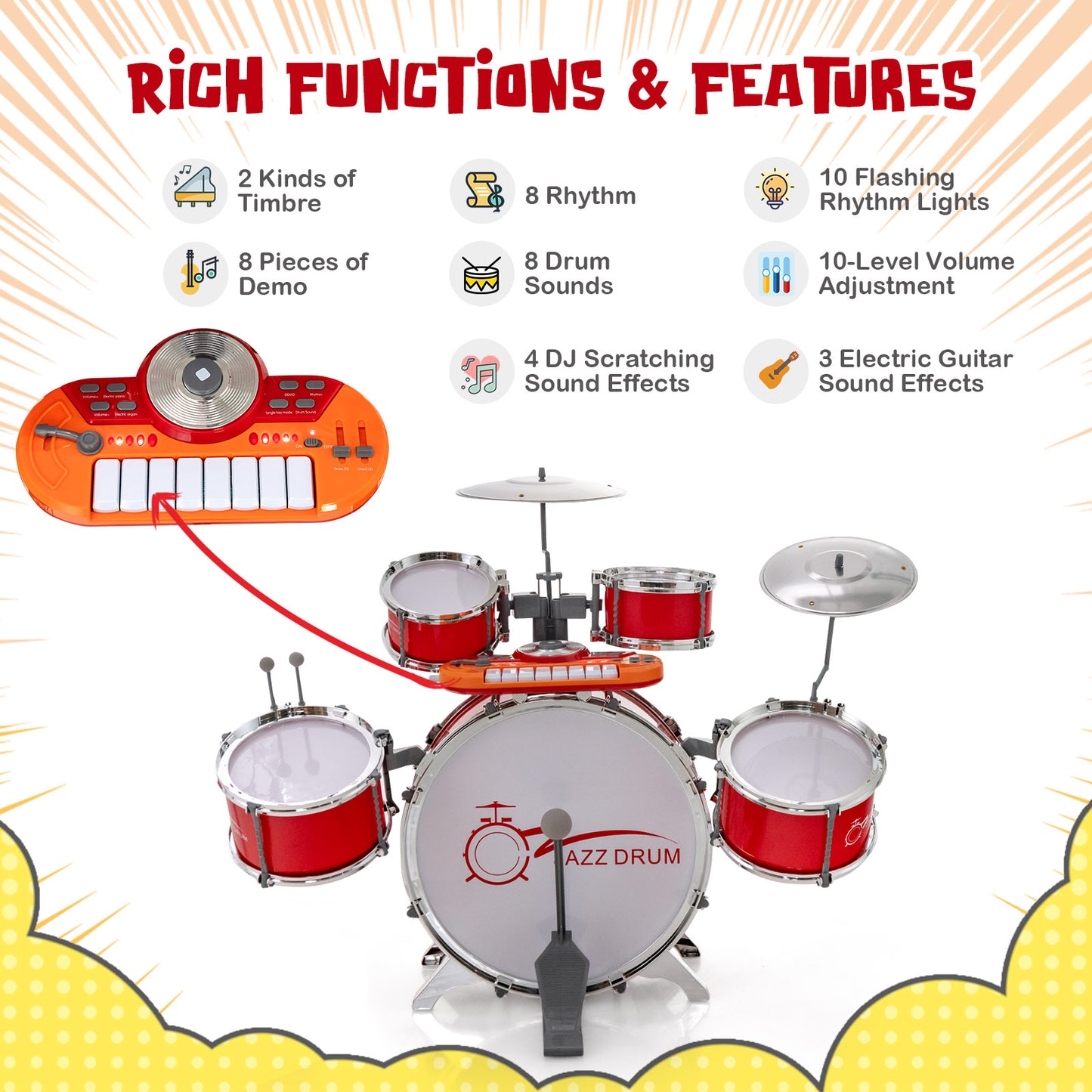 Kids Jazz Drum Keyboard Set with Stool and Microphone Stand-Red Kids Crystal
