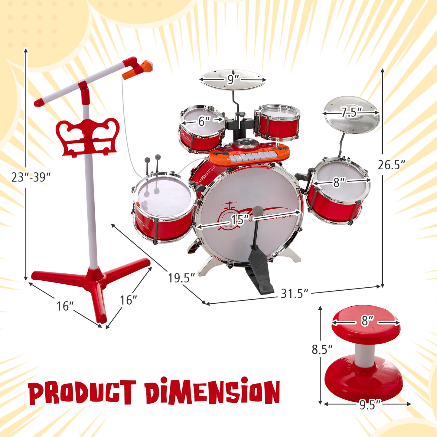 Kids Jazz Drum Keyboard Set with Stool and Microphone Stand-Red Kids Crystal