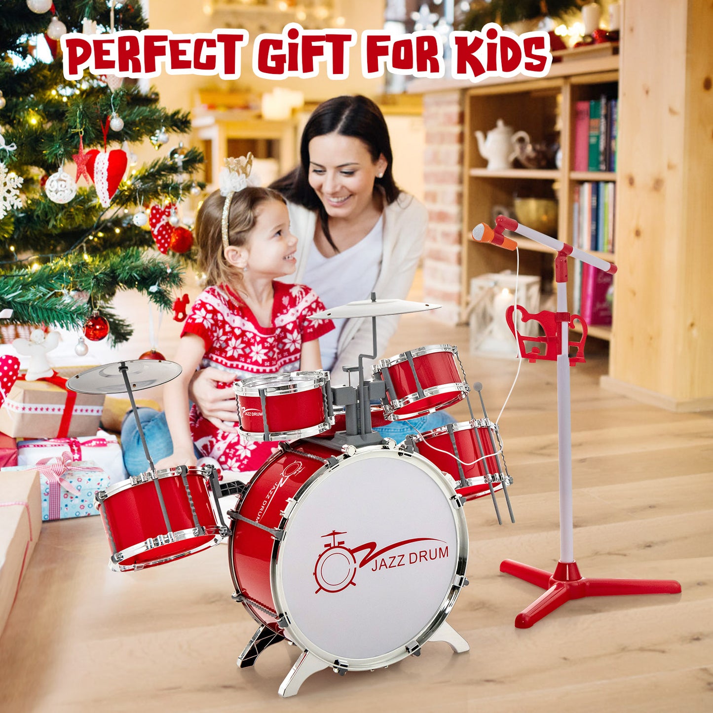 Kids Jazz Drum Keyboard Set with Stool and Microphone Stand-Red Kids Crystal