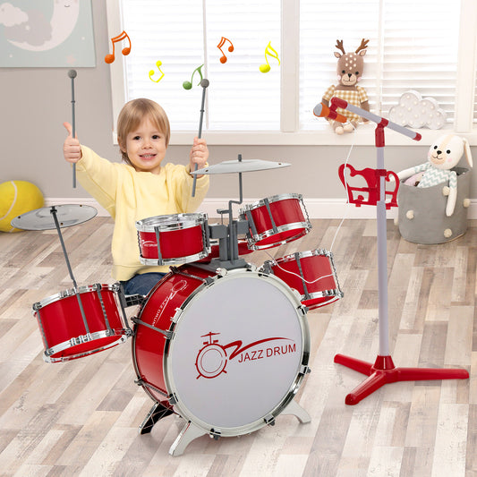 Kids Jazz Drum Keyboard Set with Stool and Microphone Stand-Red Kids Crystal