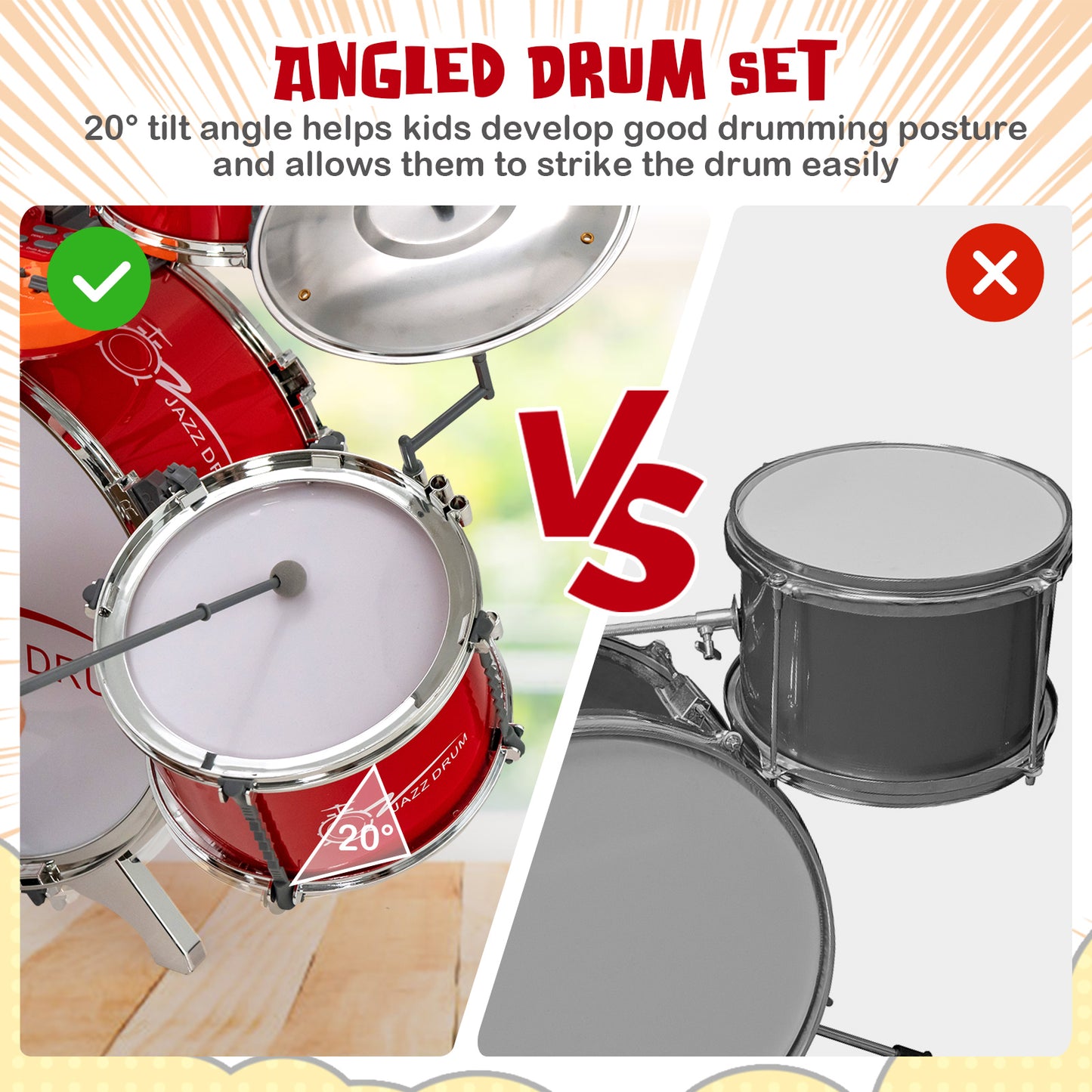 Kids Jazz Drum Keyboard Set with Stool and Microphone Stand-Red Kids Crystal