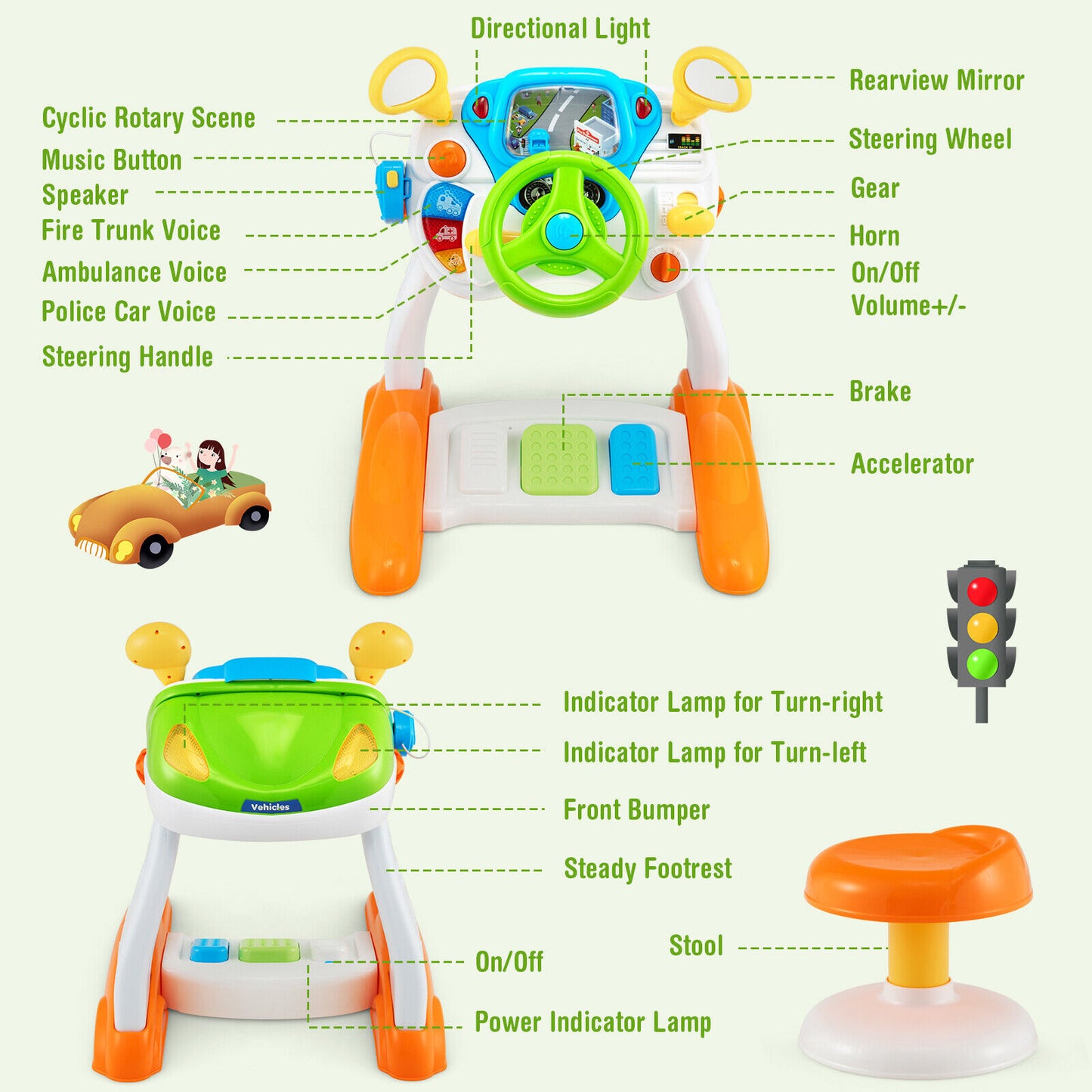 Kids Steering Wheel Pretend Play Toy Set with Lights and Sounds Kids Crystal