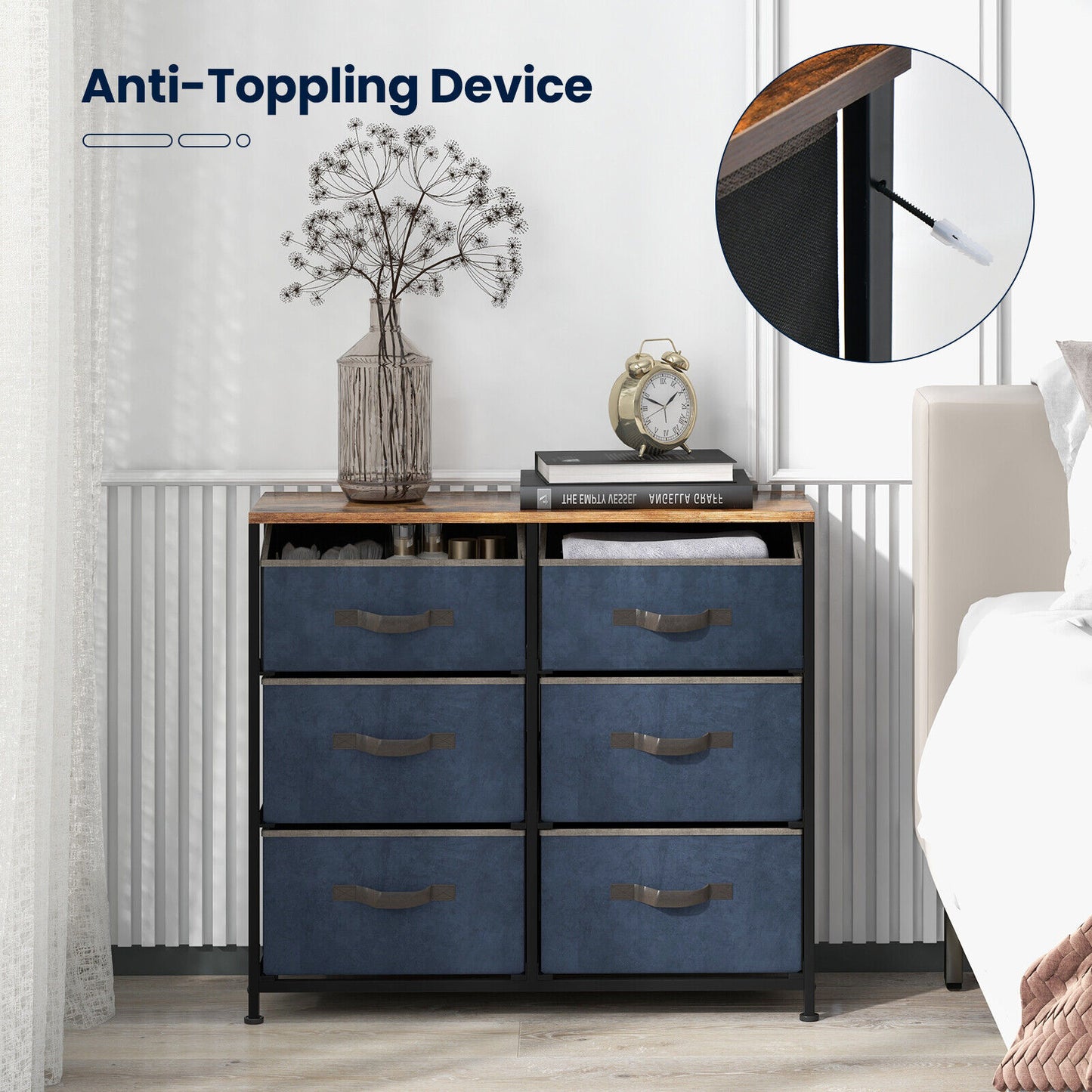 6-Drawer Dresser with Metal Frame and Anti-toppling Devices-Rustic Brown Kids Crystal