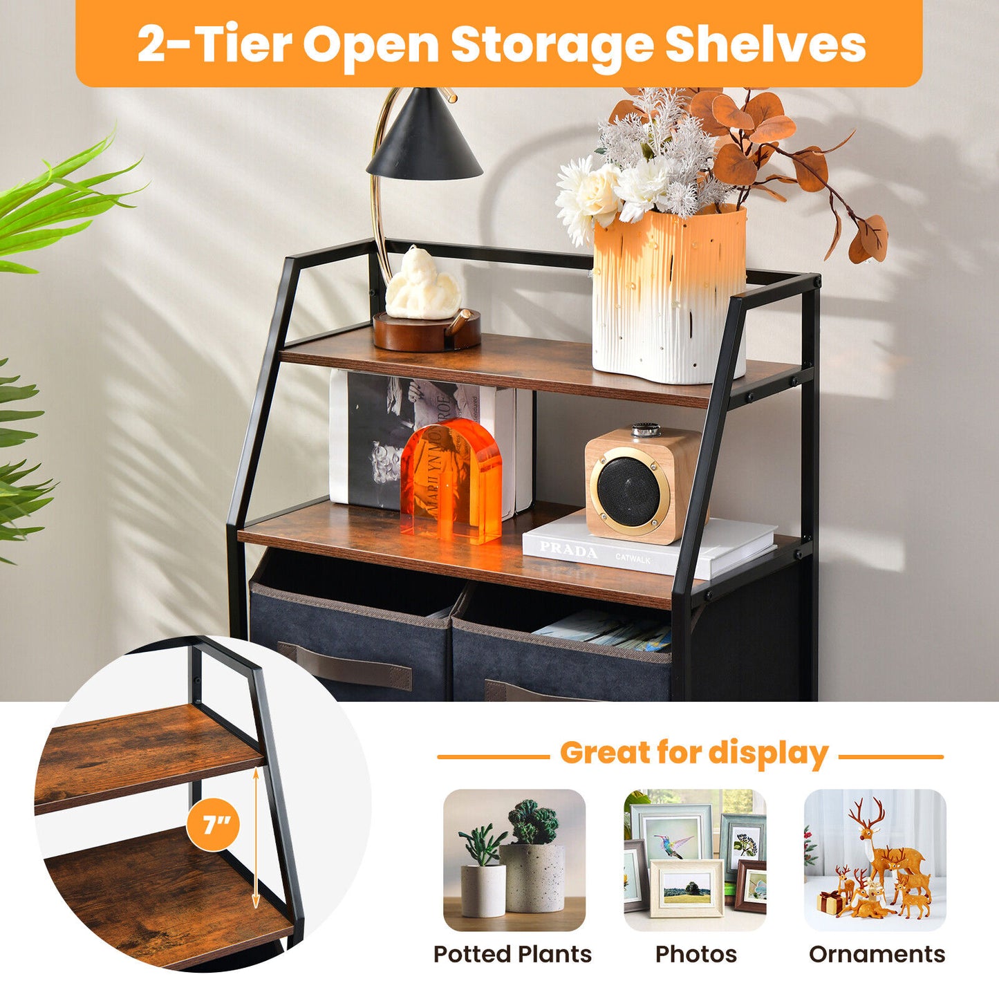 4-Drawer Free Standing Storage Dresser with 2 Open Shelves-Rustic Brown Kids Crystal