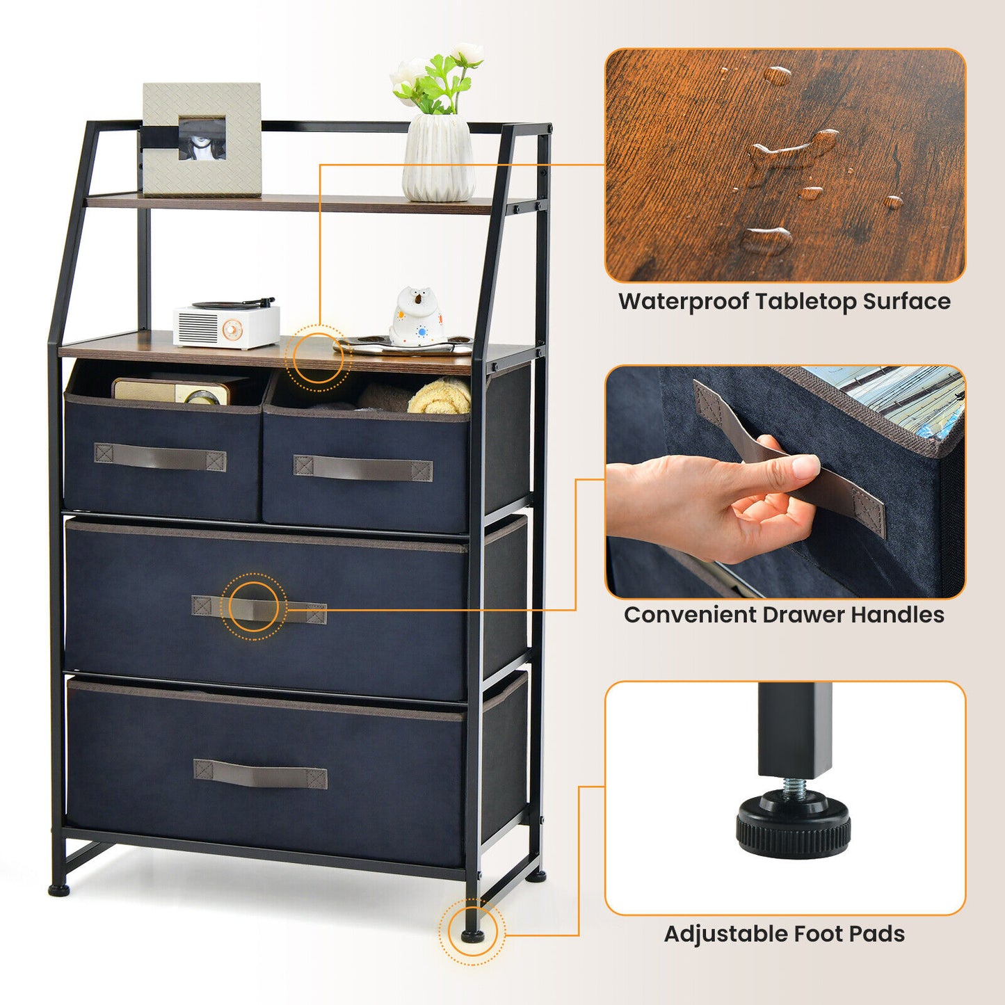 4-Drawer Free Standing Storage Dresser with 2 Open Shelves-Rustic Brown Kids Crystal