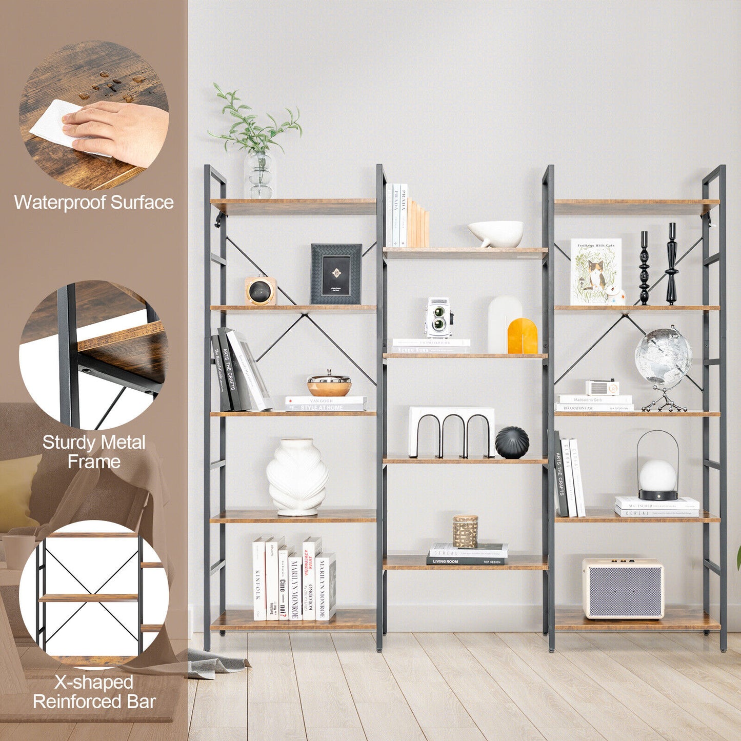 Large Triple Wide Floor Standing Bookcase Display Shelf with Metal Frame-Rustic Brown Kids Crystal