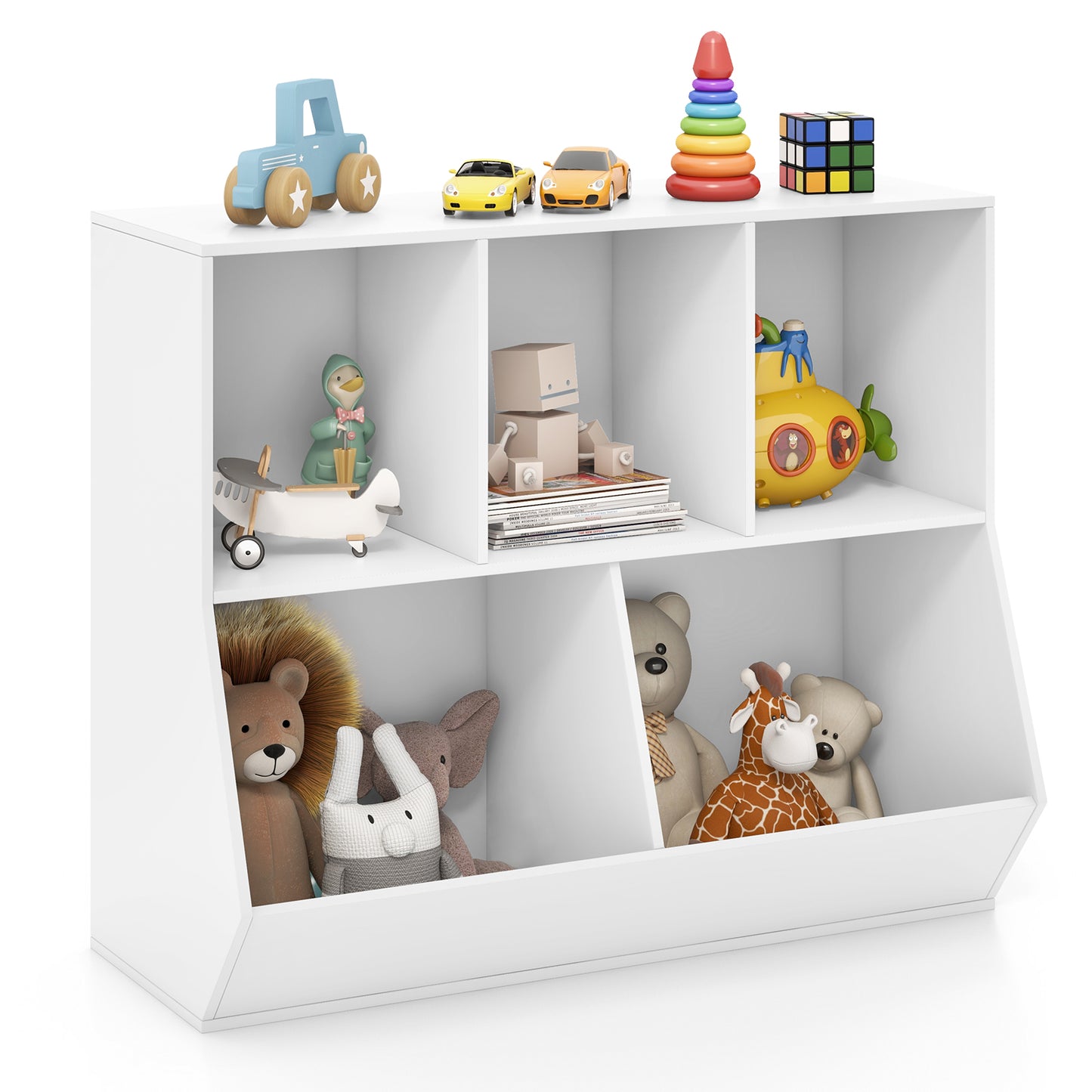 5-Cube Wooden Kids Toy Storage Organizer with Anti-Tipping Kits-White Kids Crystal