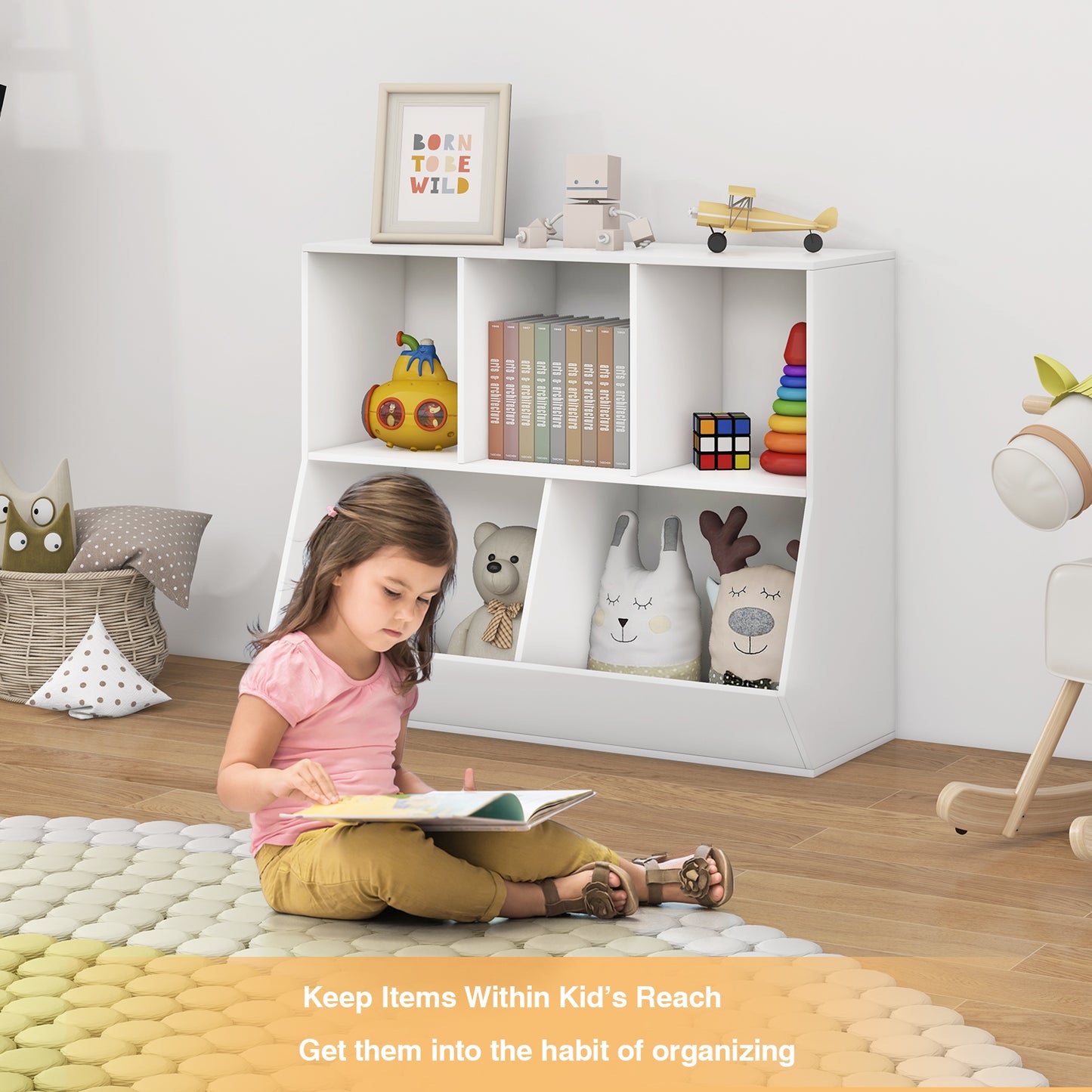 5-Cube Wooden Kids Toy Storage Organizer with Anti-Tipping Kits-White Kids Crystal