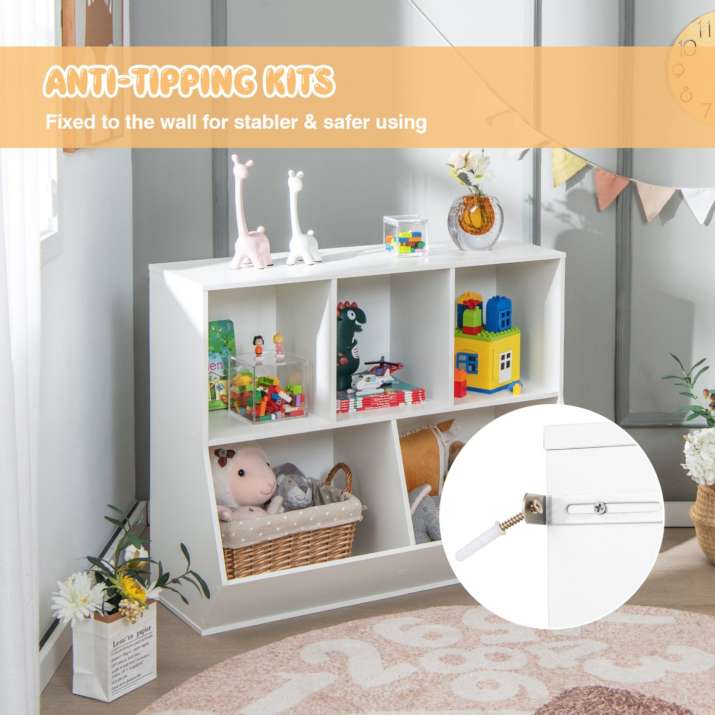 5-Cube Wooden Kids Toy Storage Organizer with Anti-Tipping Kits-White Kids Crystal