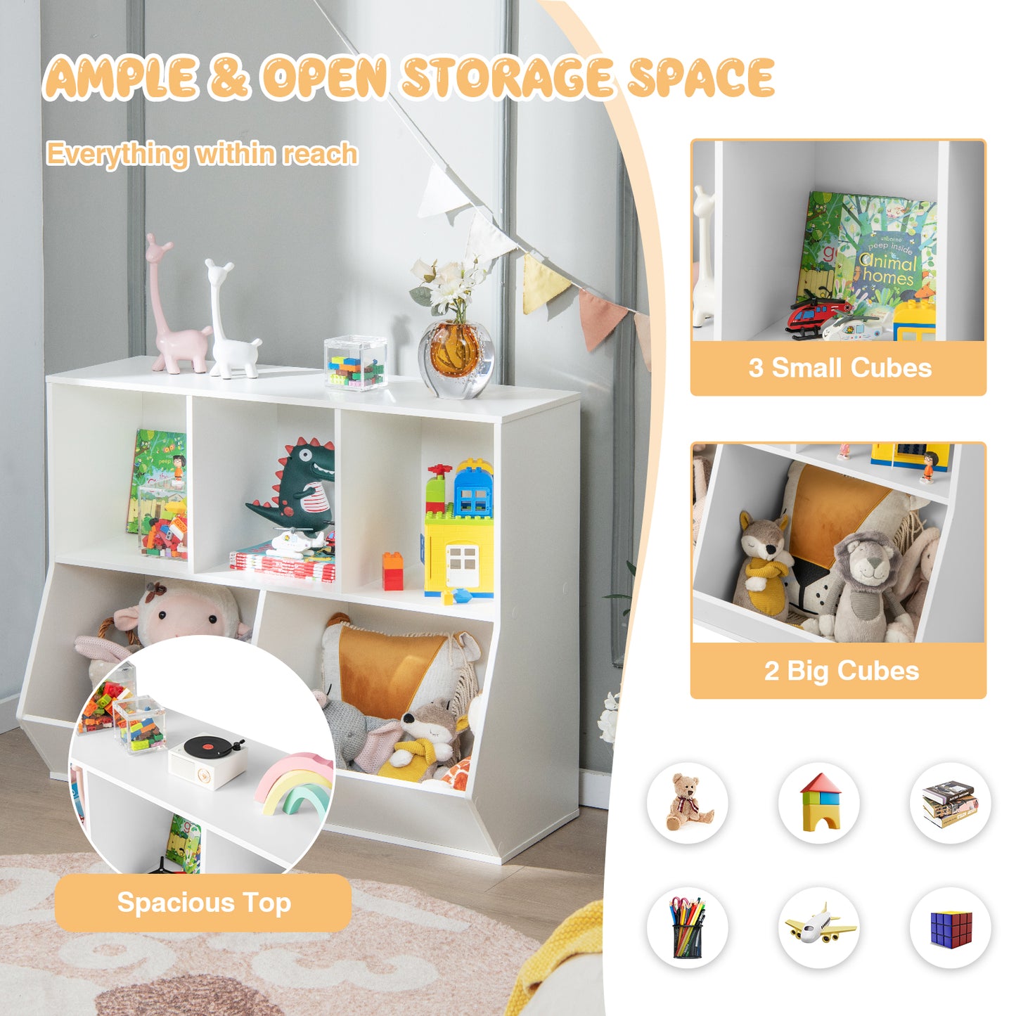 5-Cube Wooden Kids Toy Storage Organizer with Anti-Tipping Kits-White Kids Crystal