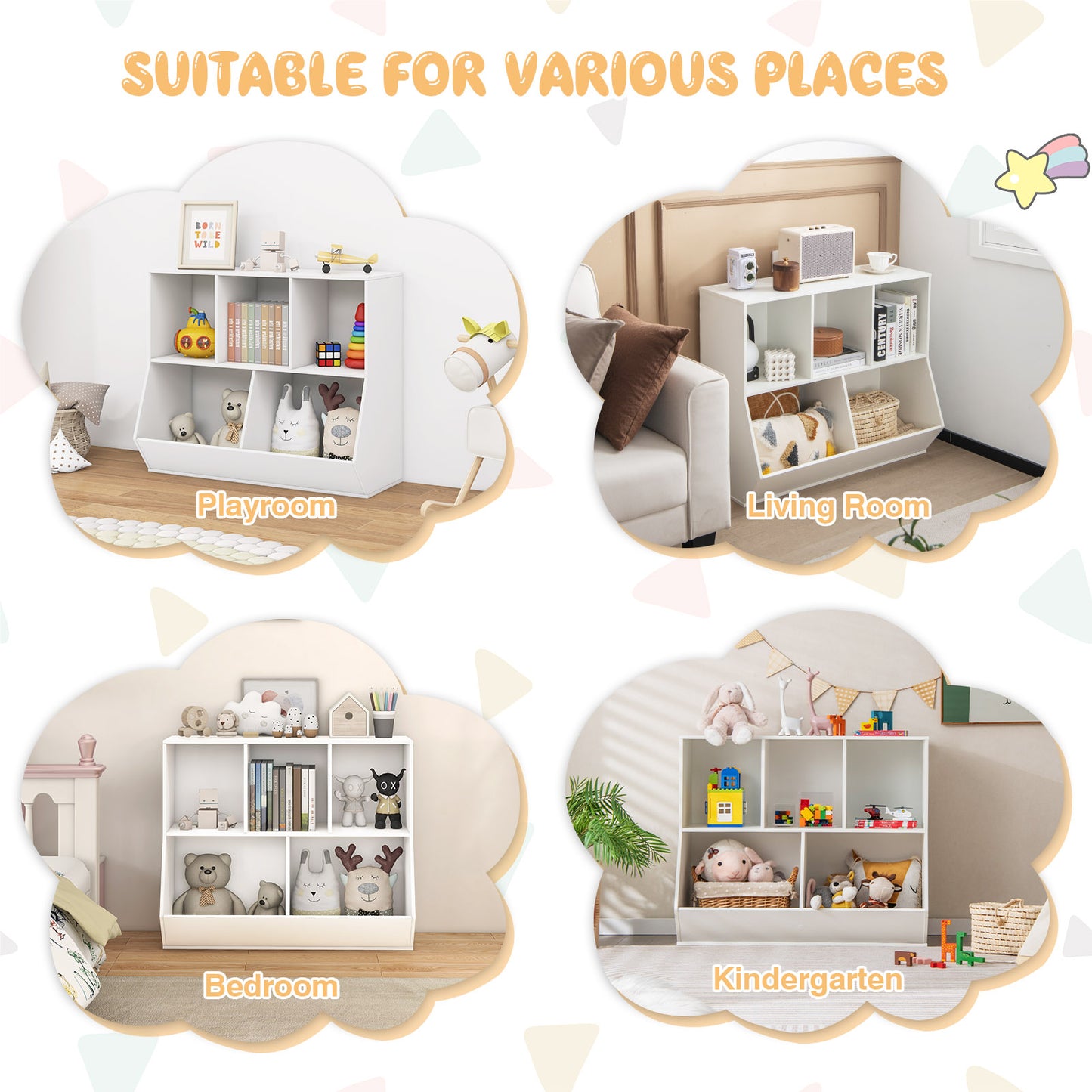 5-Cube Wooden Kids Toy Storage Organizer with Anti-Tipping Kits-White Kids Crystal
