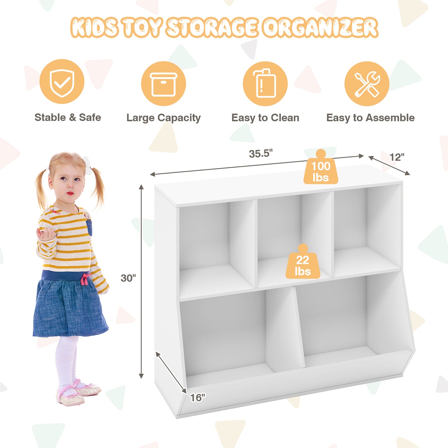 5-Cube Wooden Kids Toy Storage Organizer with Anti-Tipping Kits-White Kids Crystal