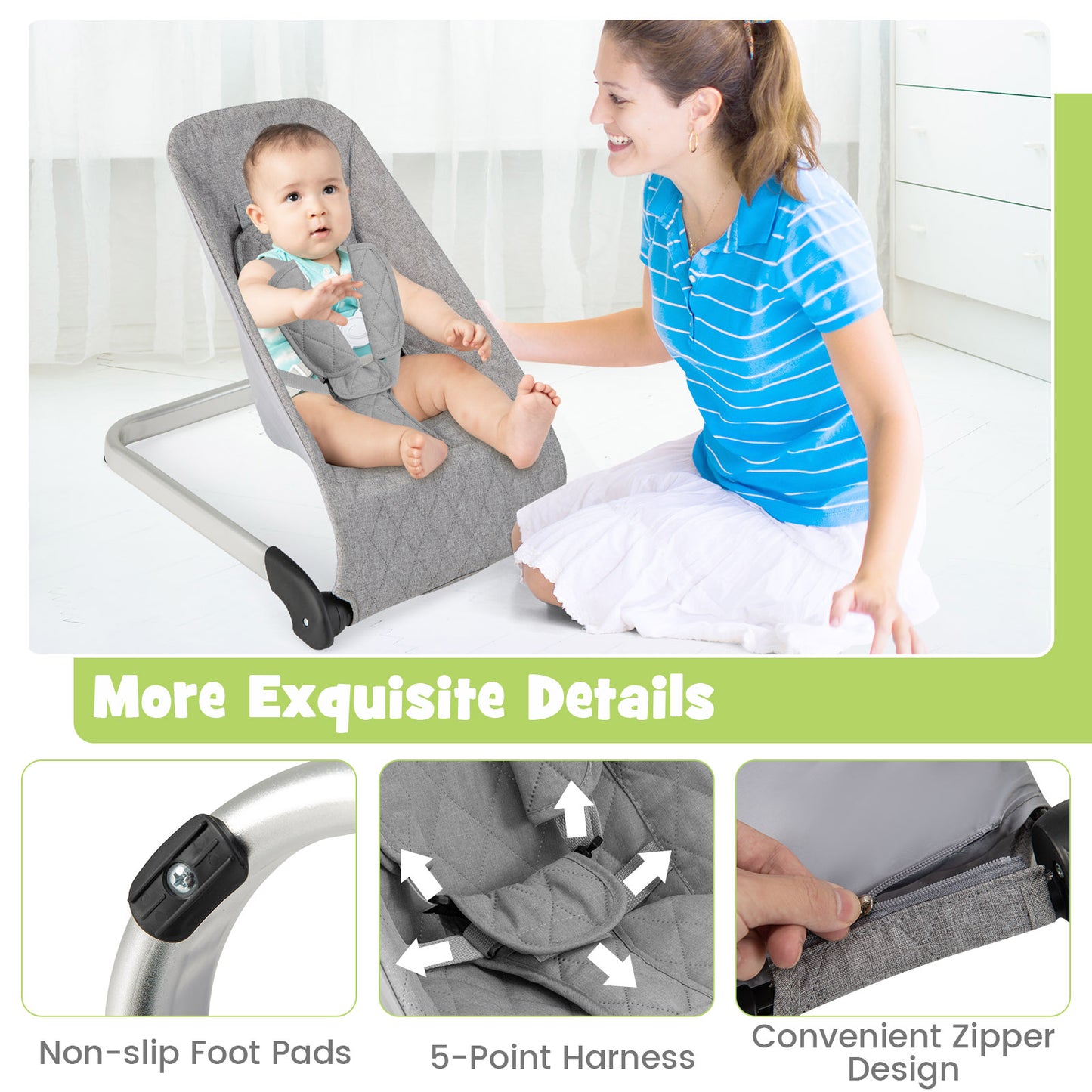 Baby Bouncer Seat with Aluminum and Metal Frame-Light Gray Kids Crystal
