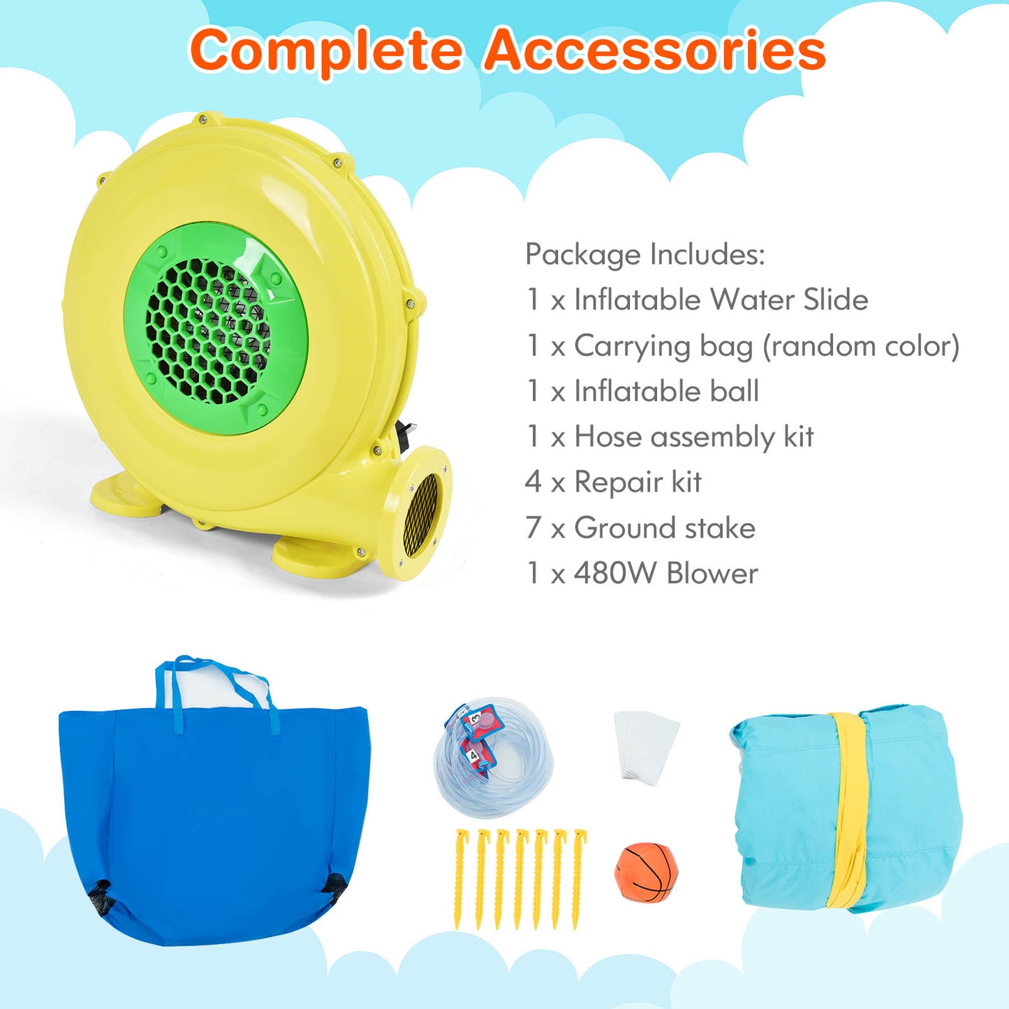 Outdoor Inflatable Water Bounce House with 480W Blower Kids Crystal