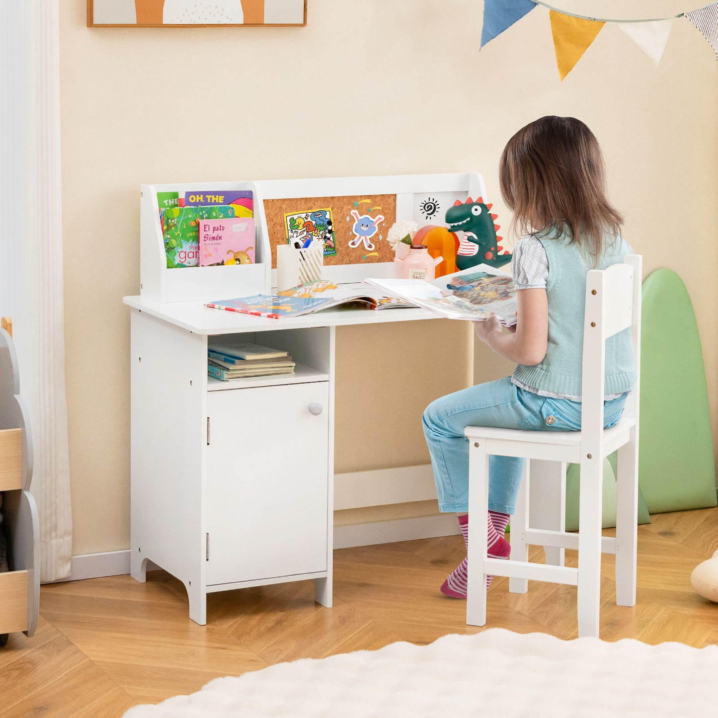 Wooden Kids Study Desk and Chair Set with Storage Cabinet and Bulletin Board-White Kids Crystal