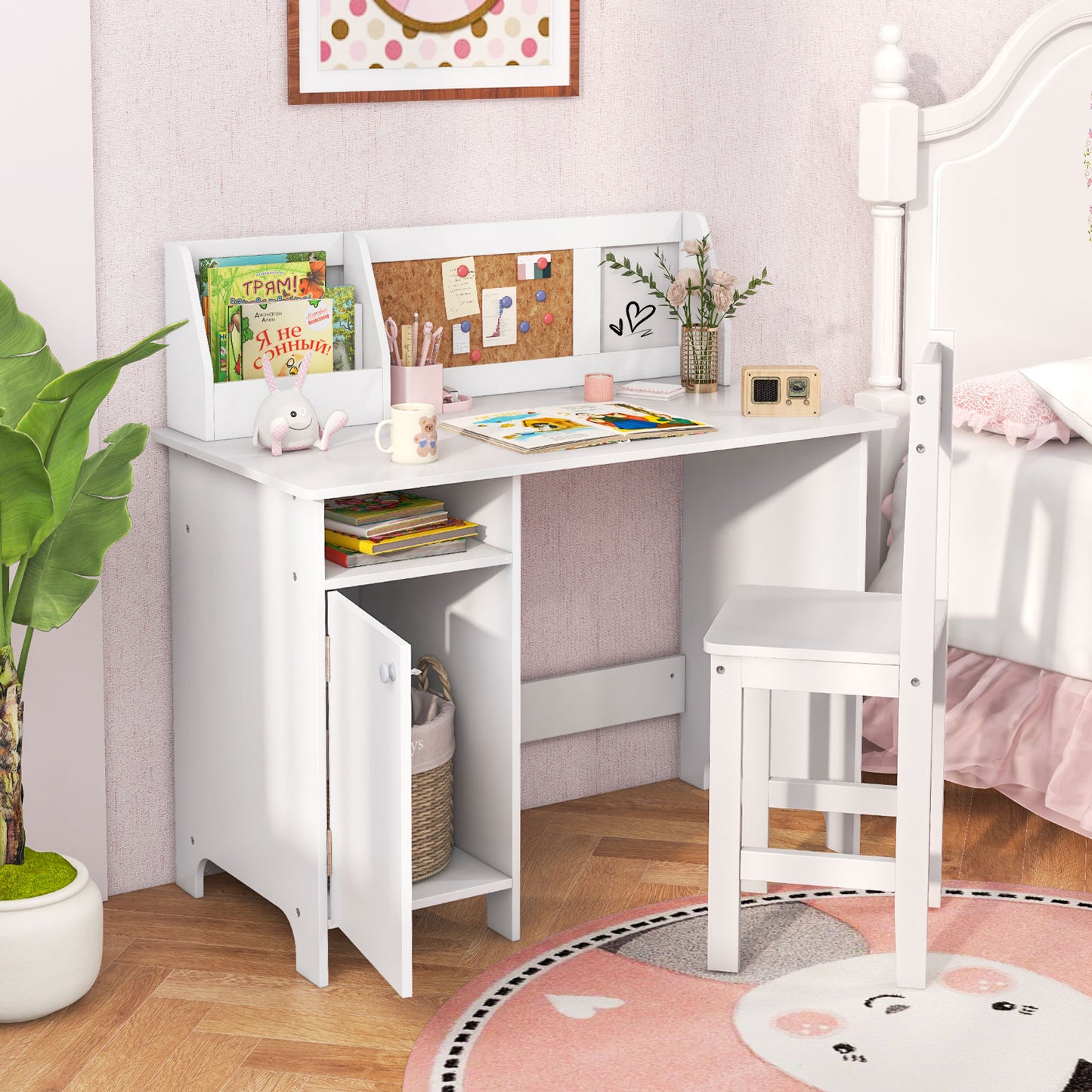 Wooden Kids Study Desk and Chair Set with Storage Cabinet and Bulletin Board-White Kids Crystal