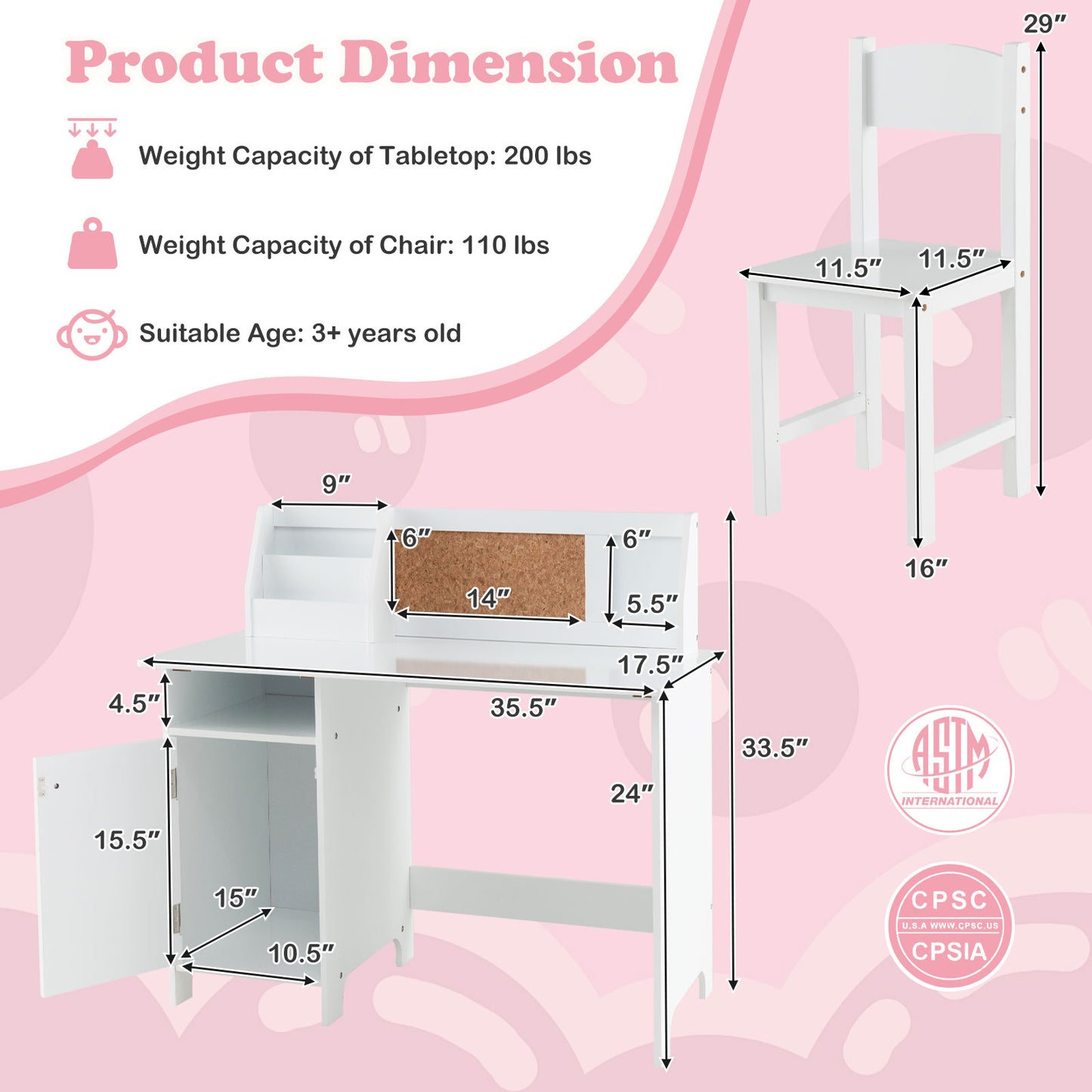Wooden Kids Study Desk and Chair Set with Storage Cabinet and Bulletin Board-White Kids Crystal