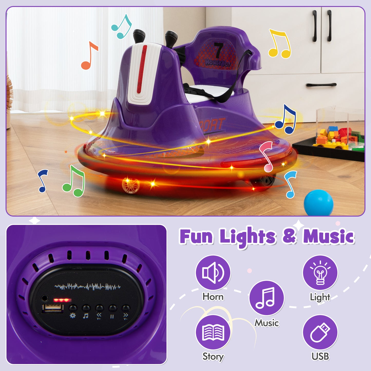 12V Kids Ride On Bumper Car with Remote Control Lights and Music-Purple Kids Crystal