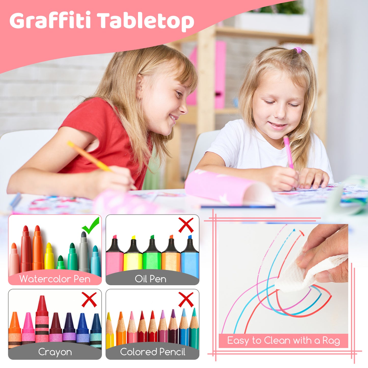Kids Table and Chairs Set for 4 with Graffiti Desktop-Pink Kids Crystal