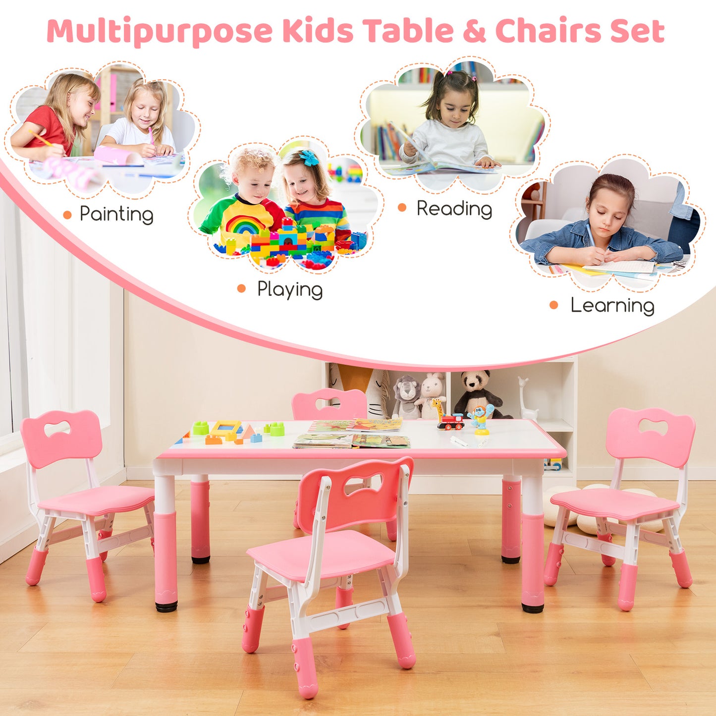 Kids Table and Chairs Set for 4 with Graffiti Desktop-Pink Kids Crystal