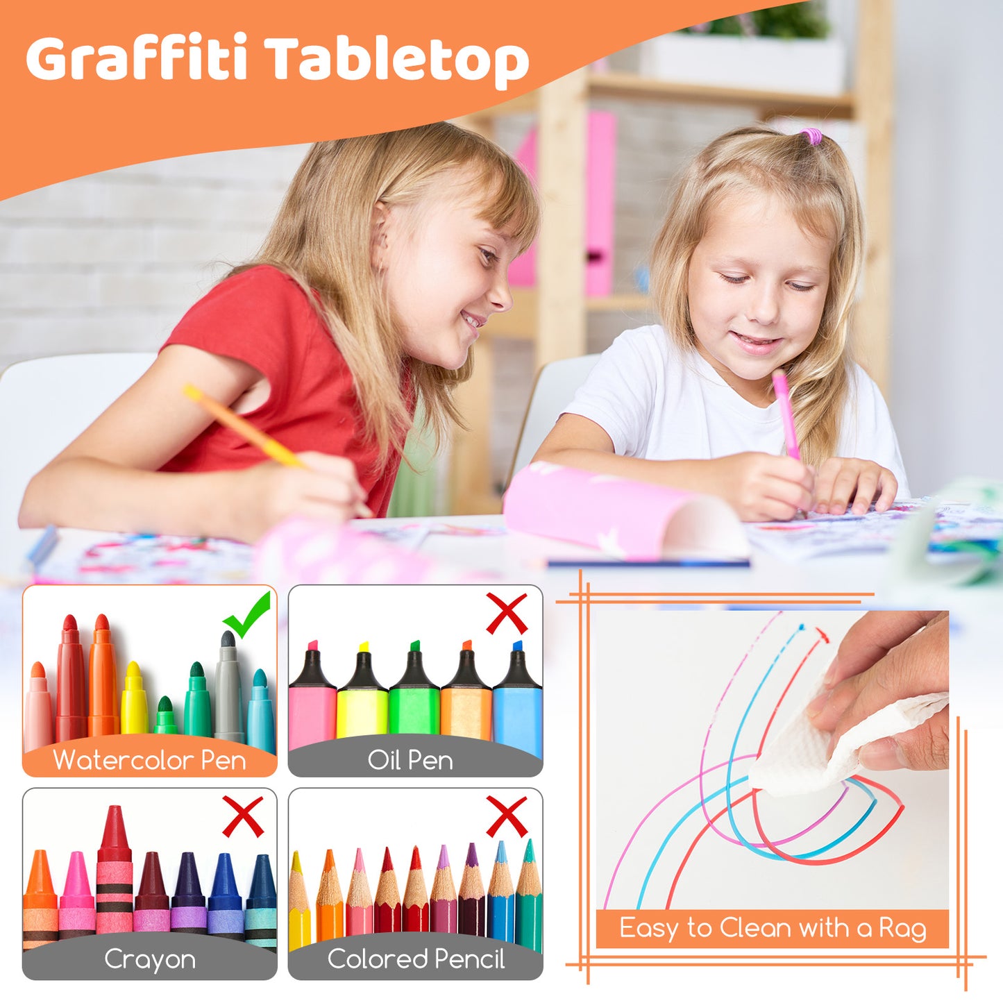 Kids Table and Chairs Set for 4 with Graffiti Desktop-Natural Kids Crystal