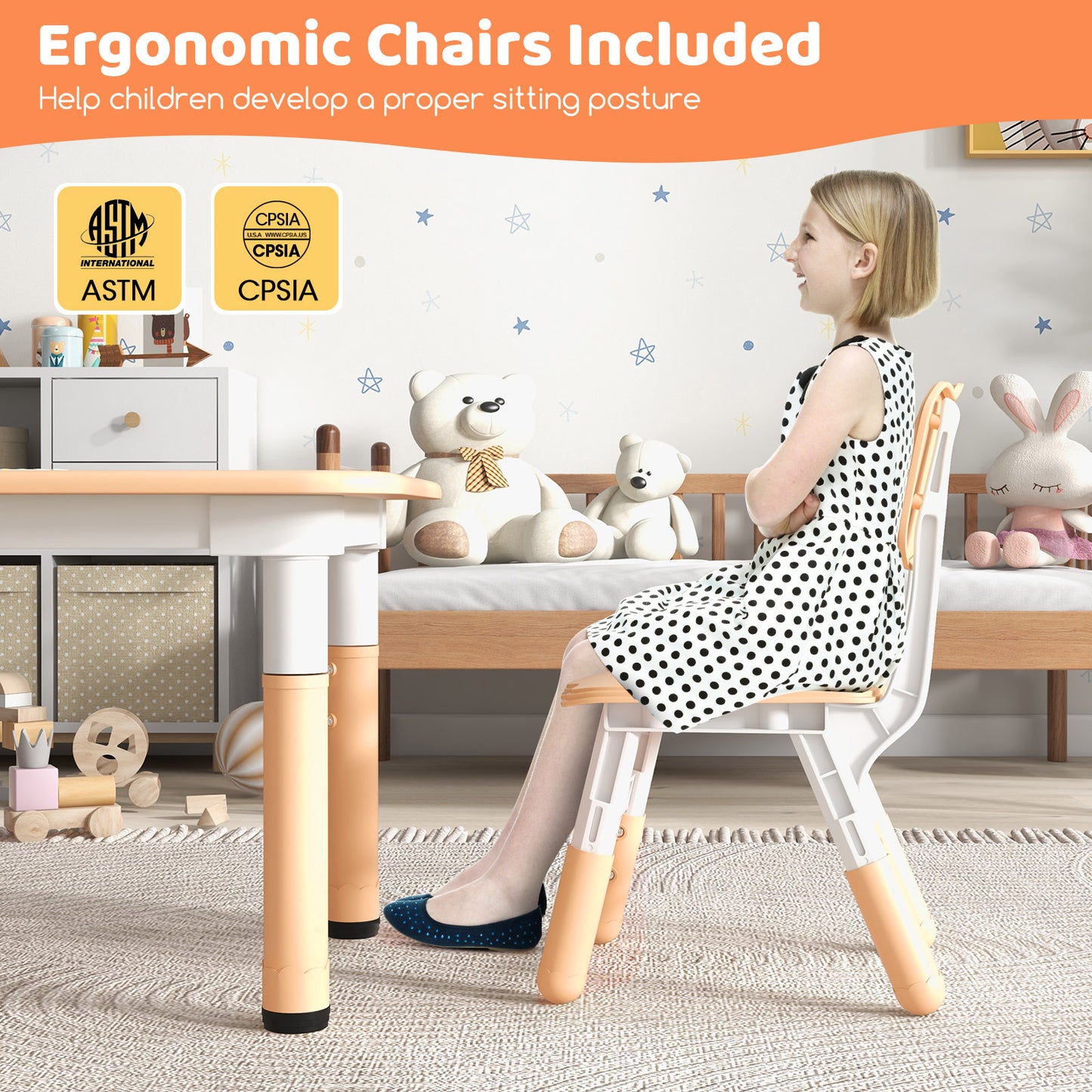 Kids Table and Chairs Set for 4 with Graffiti Desktop-Natural Kids Crystal