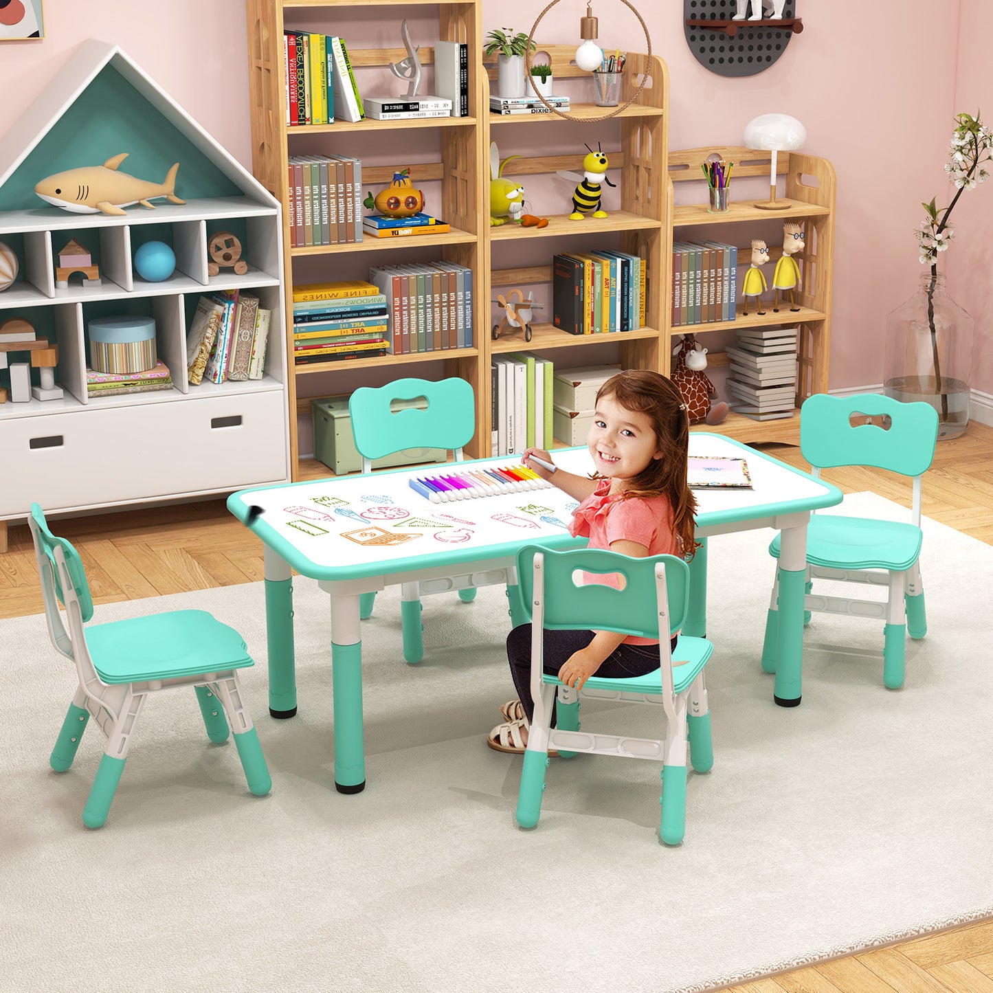 Kids Table and Chairs Set for 4 with Graffiti Desktop-Green Kids Crystal