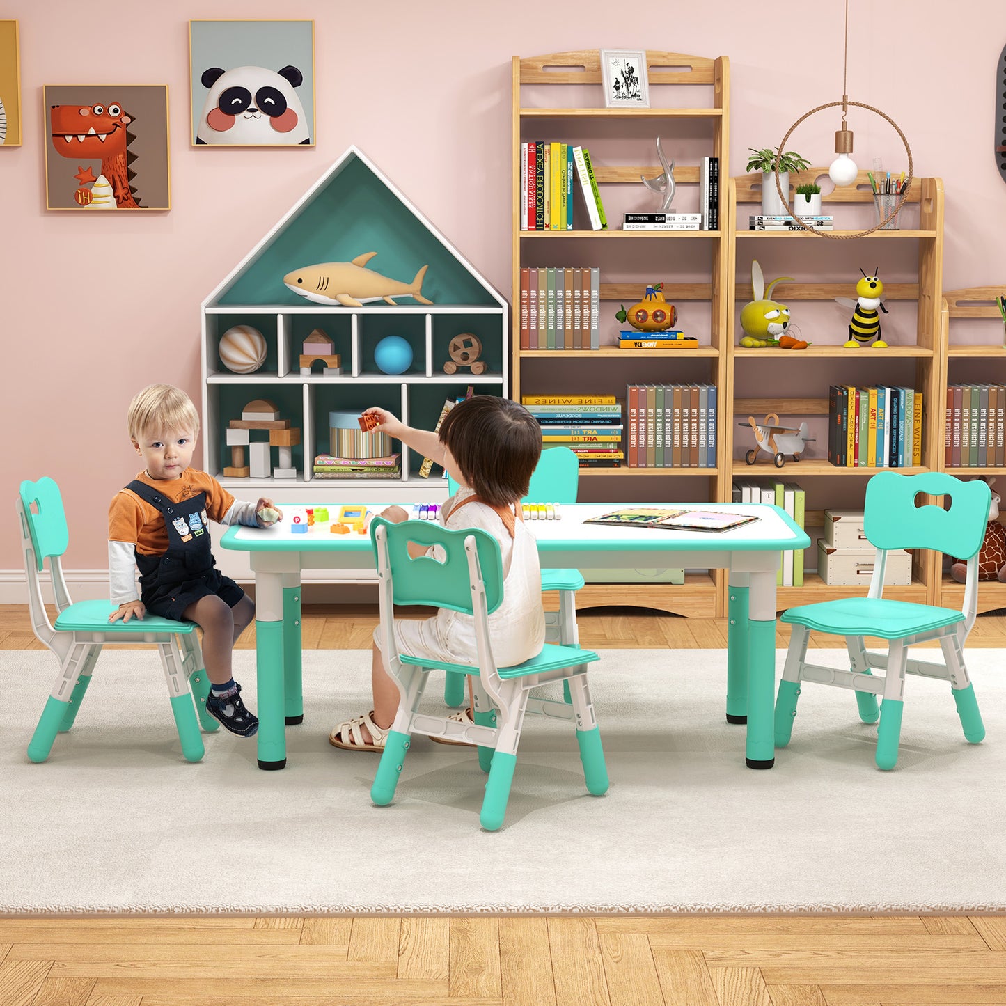Kids Table and Chairs Set for 4 with Graffiti Desktop-Green Kids Crystal