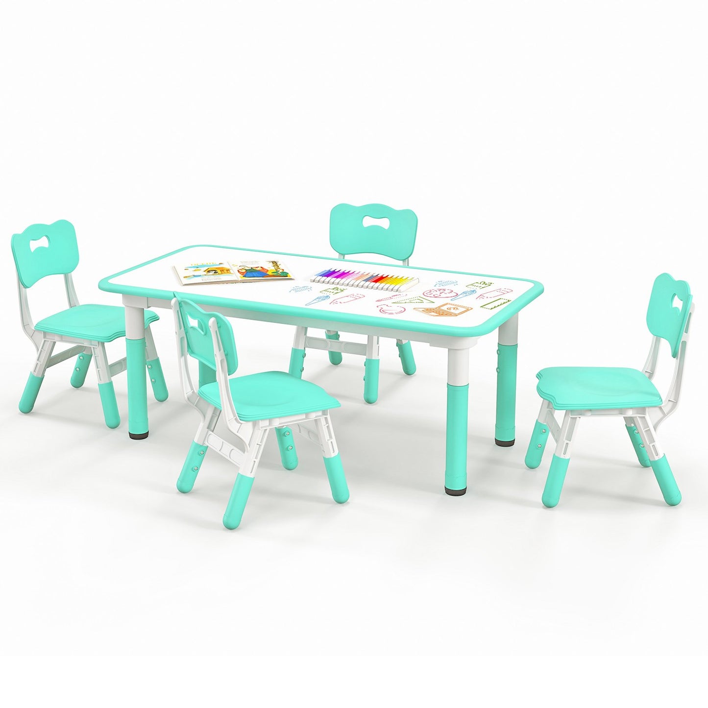Kids Table and Chairs Set for 4 with Graffiti Desktop-Green Kids Crystal