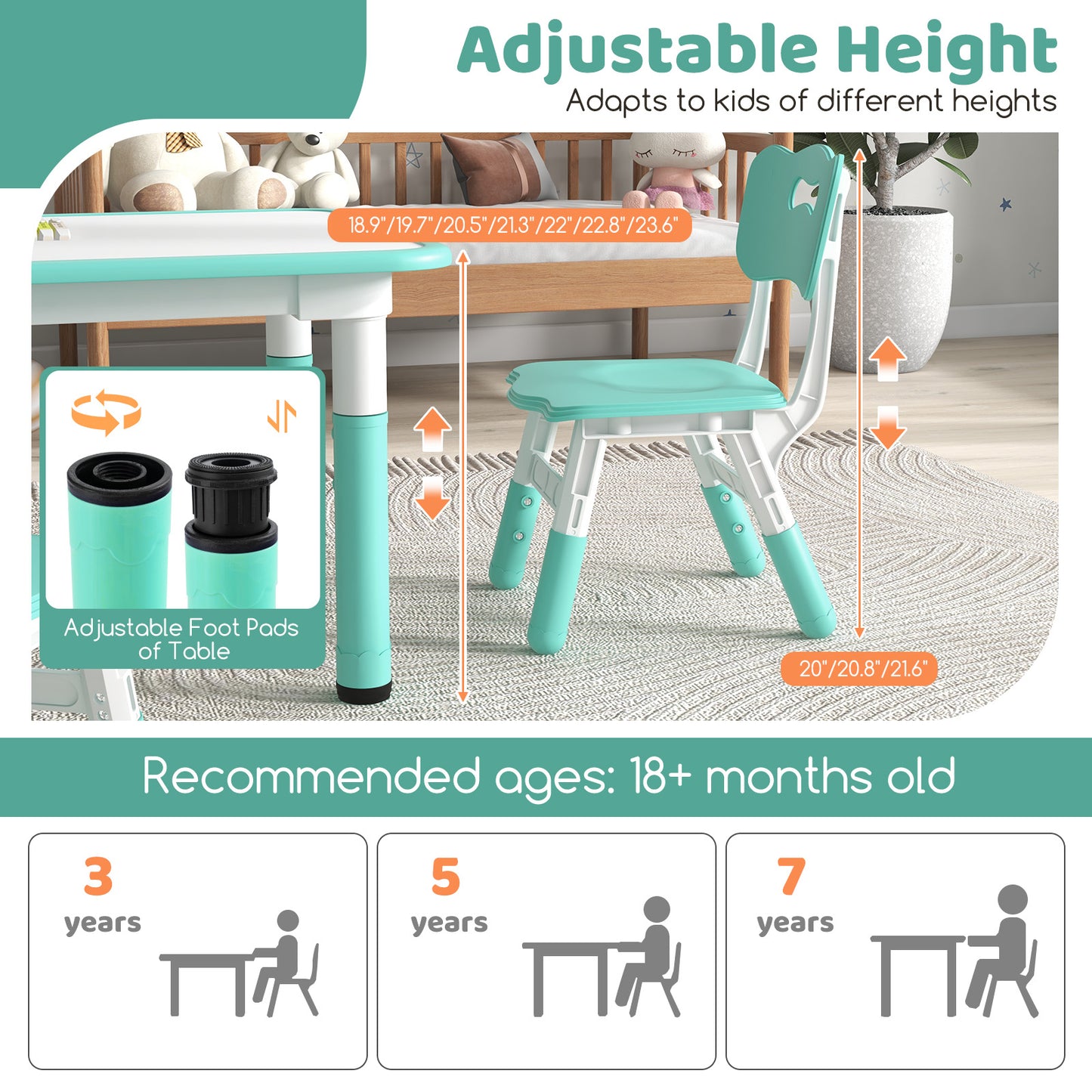 Kids Table and Chairs Set for 4 with Graffiti Desktop-Green Kids Crystal
