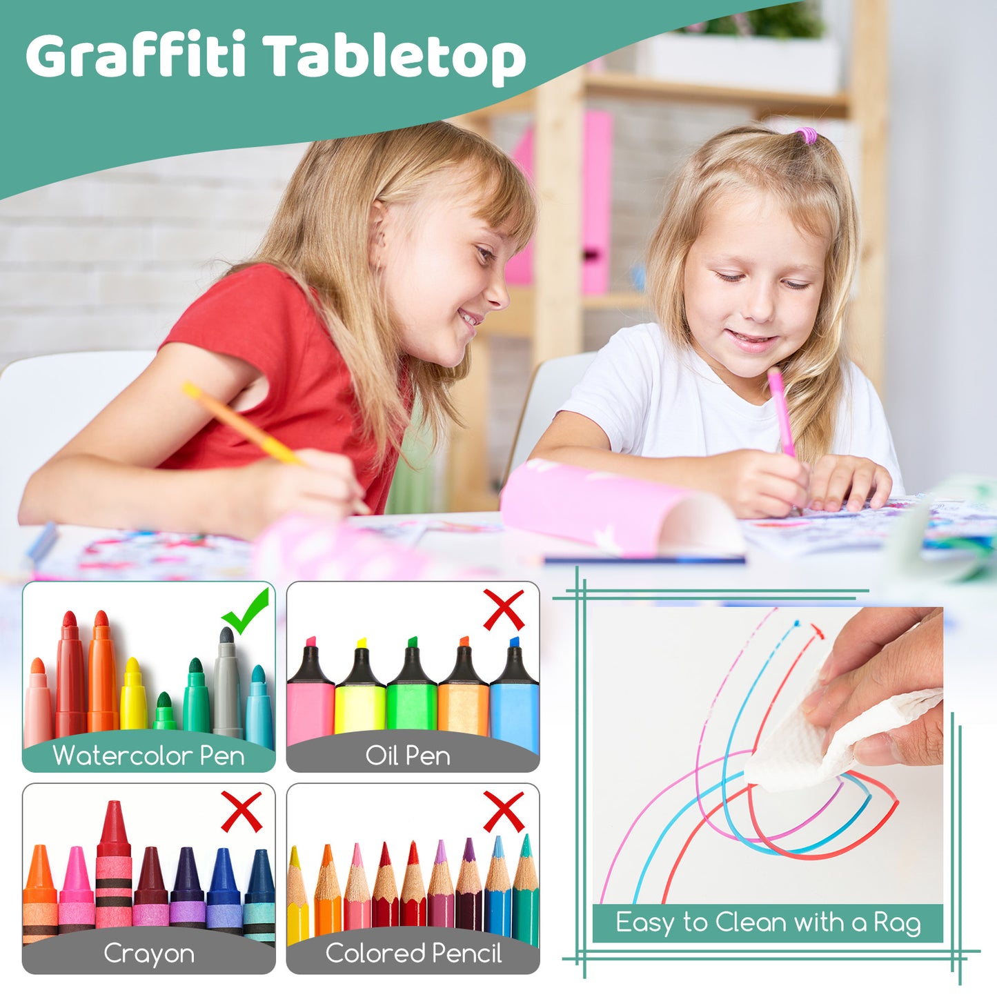 Kids Table and Chairs Set for 4 with Graffiti Desktop-Green Kids Crystal