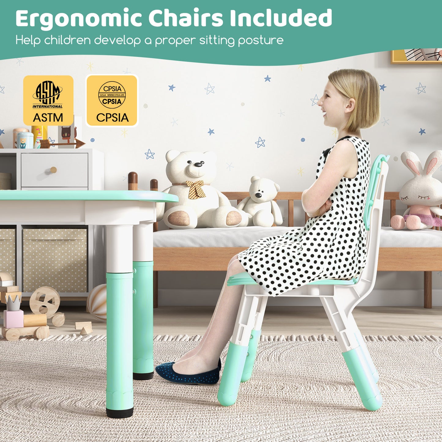 Kids Table and Chairs Set for 4 with Graffiti Desktop-Green Kids Crystal