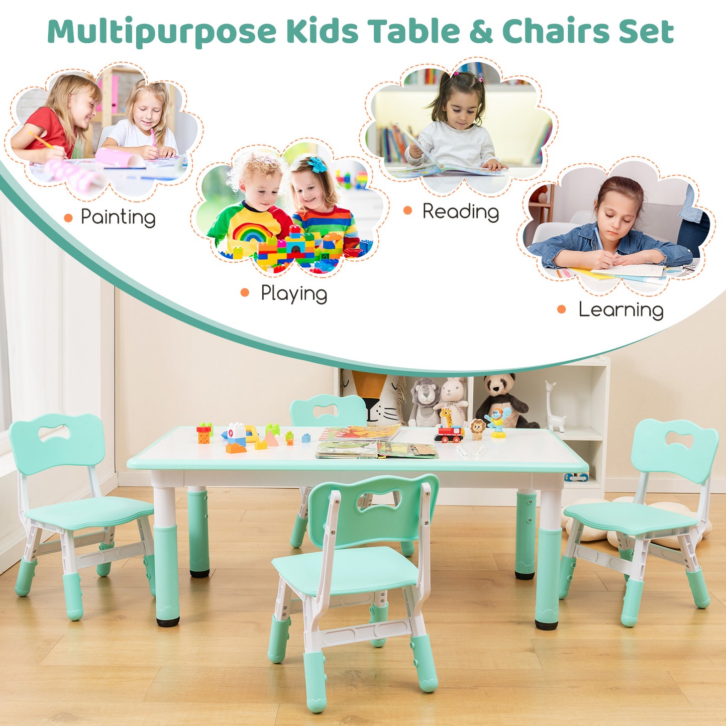 Kids Table and Chairs Set for 4 with Graffiti Desktop-Green Kids Crystal