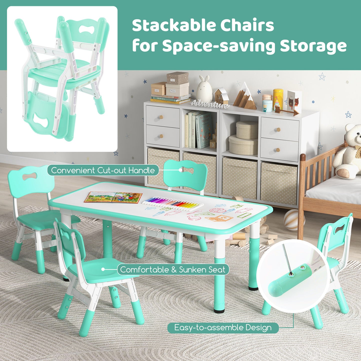 Kids Table and Chairs Set for 4 with Graffiti Desktop-Green Kids Crystal