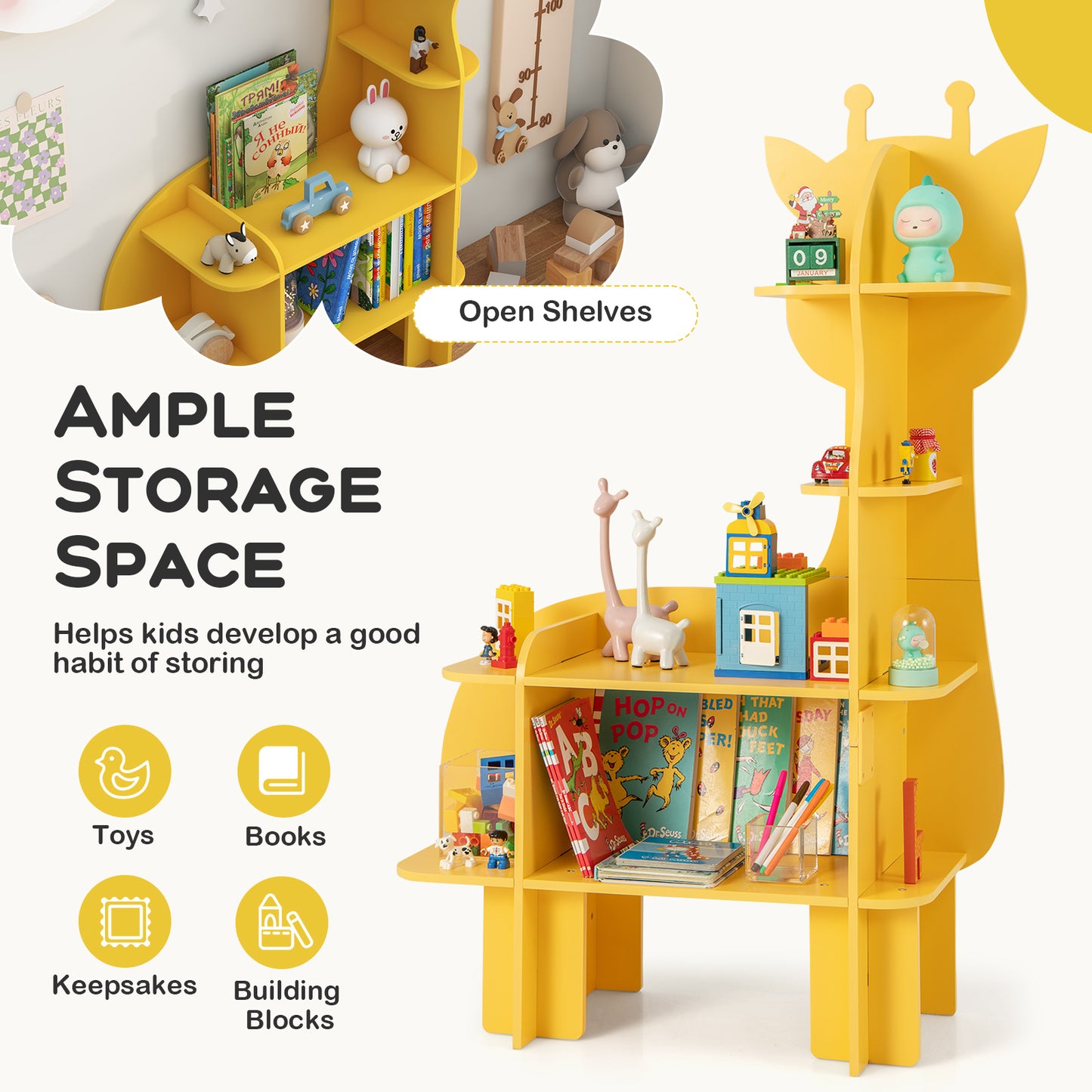 Kids Bookcase Toy Storage Organizer with Open Storage Shelves-Giraffe Kids Crystal