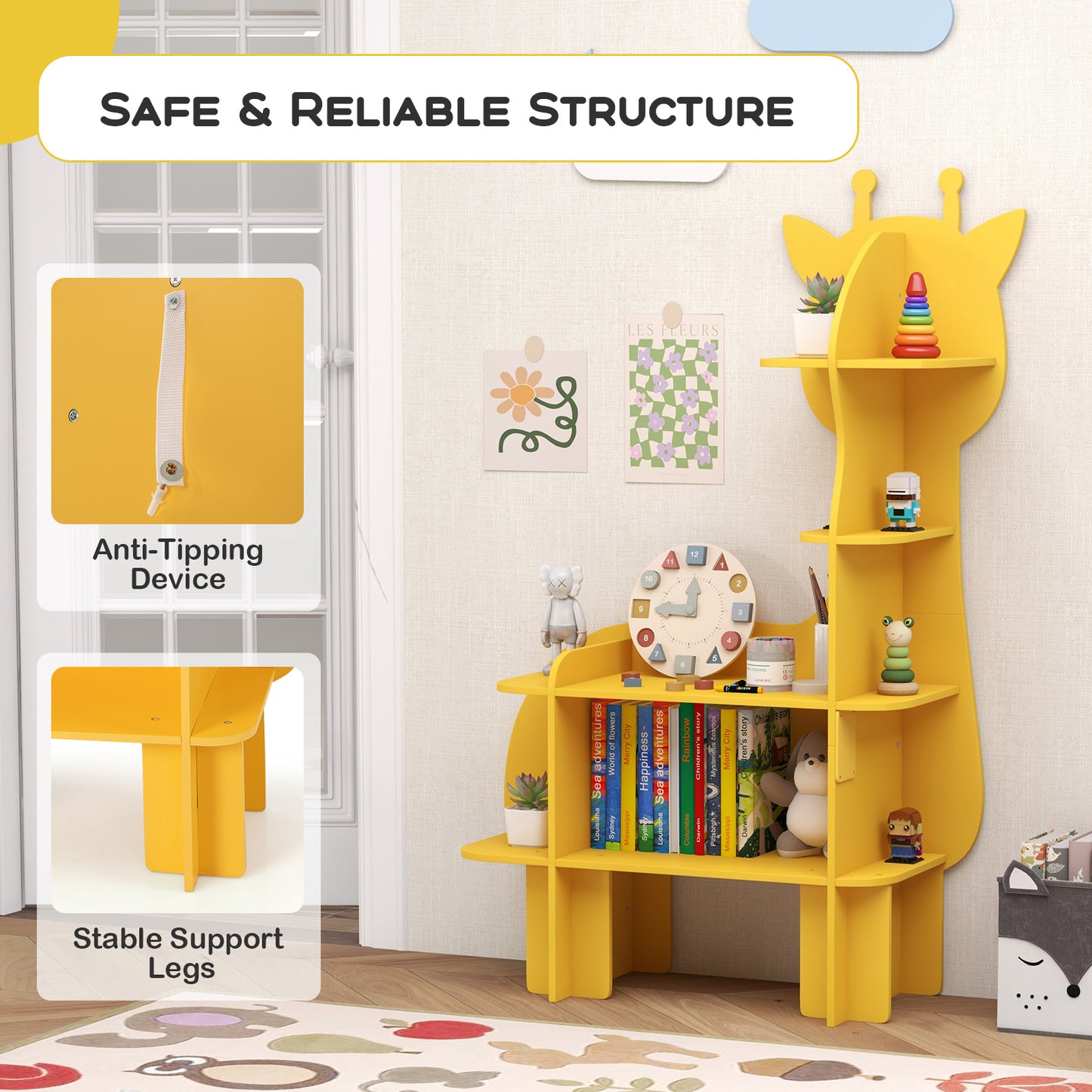 Kids Bookcase Toy Storage Organizer with Open Storage Shelves-Giraffe Kids Crystal