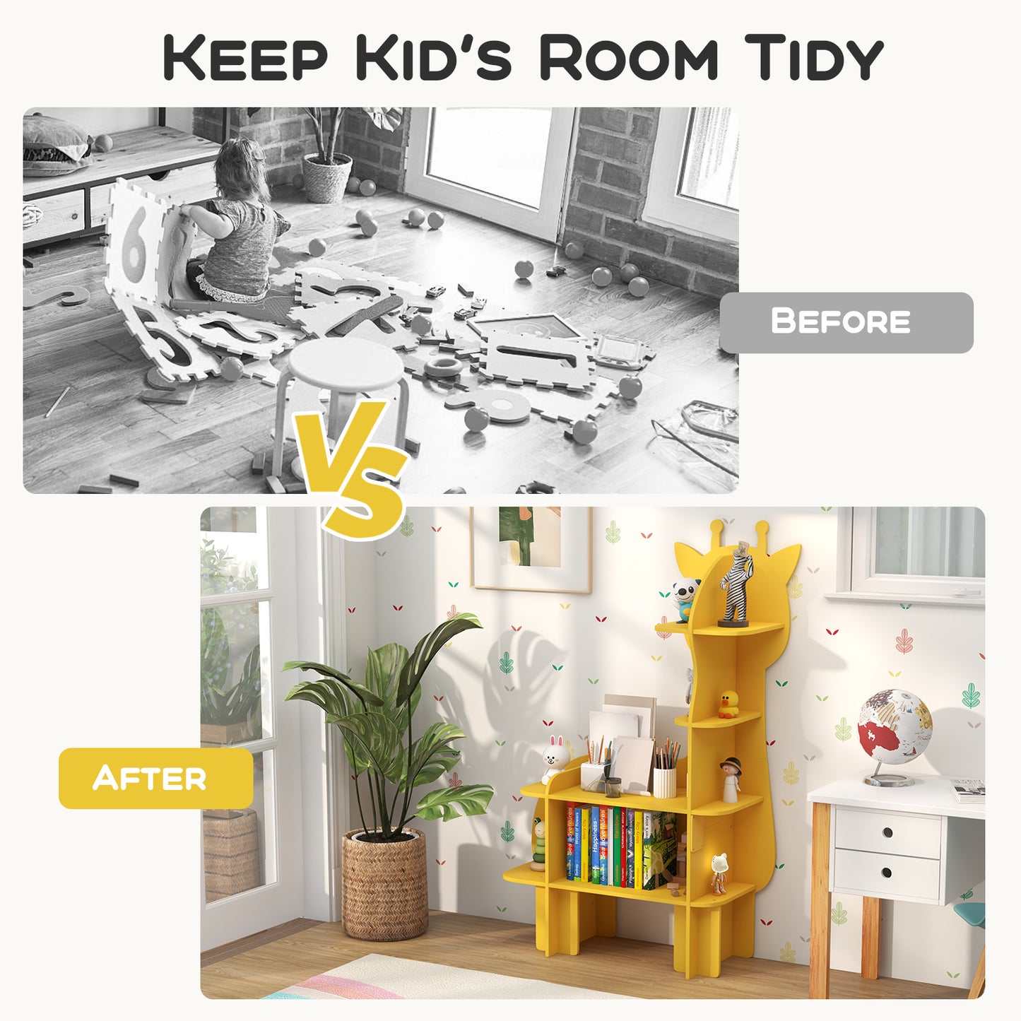 Kids Bookcase Toy Storage Organizer with Open Storage Shelves-Giraffe Kids Crystal