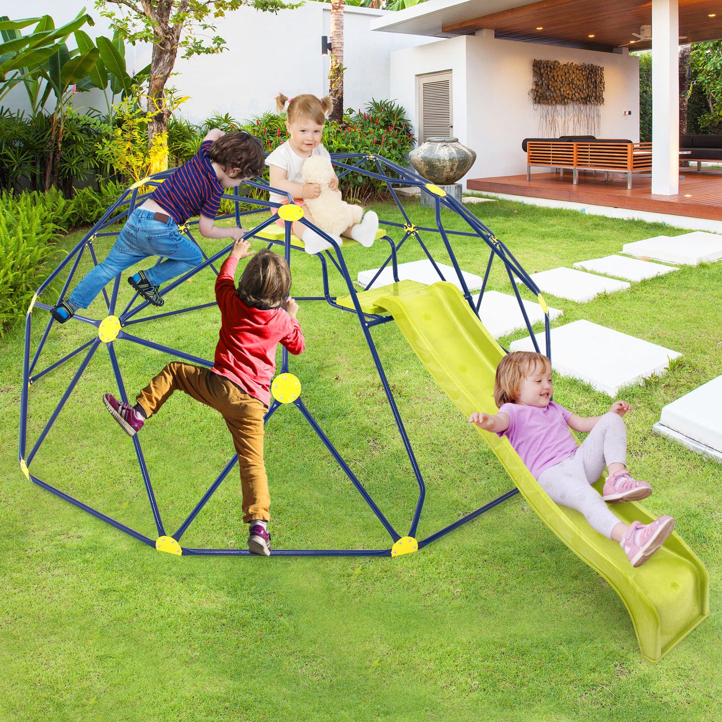 13.3 FT Climbing Dome Geometric Dome Climber with Extended Wavy Slide and 2 Rest Platforms-Multicolor Kids Crystal