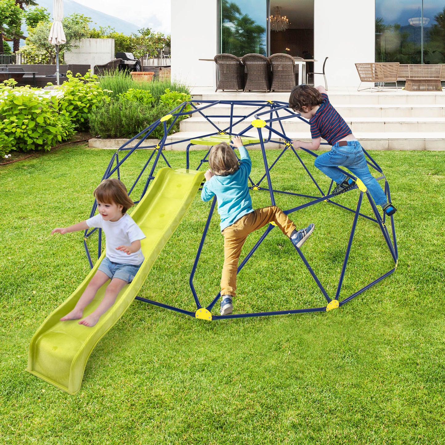 13.3 FT Climbing Dome Geometric Dome Climber with Extended Wavy Slide and 2 Rest Platforms-Multicolor Kids Crystal